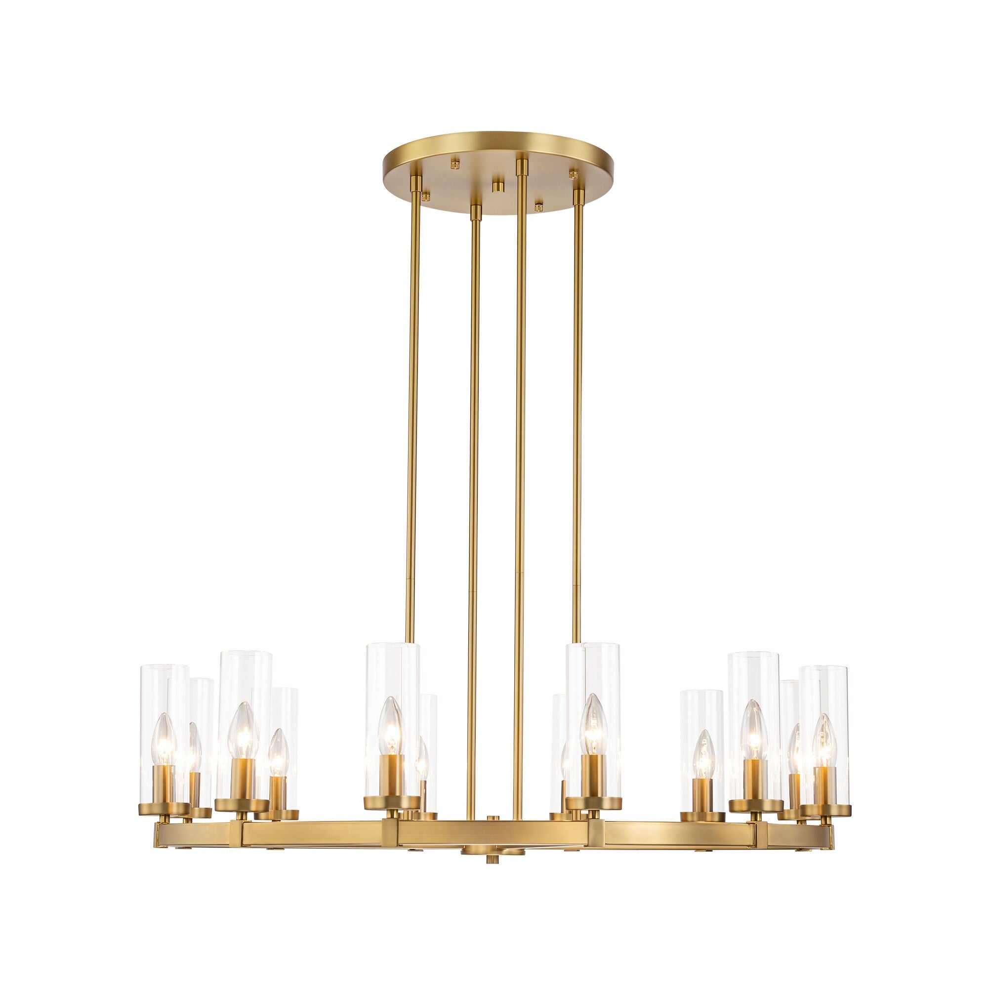 Lustre à 12 lumières en forme de roue de chariot, style moderne du milieu du siècle, en verre transparent, doré/noir, grand modèle