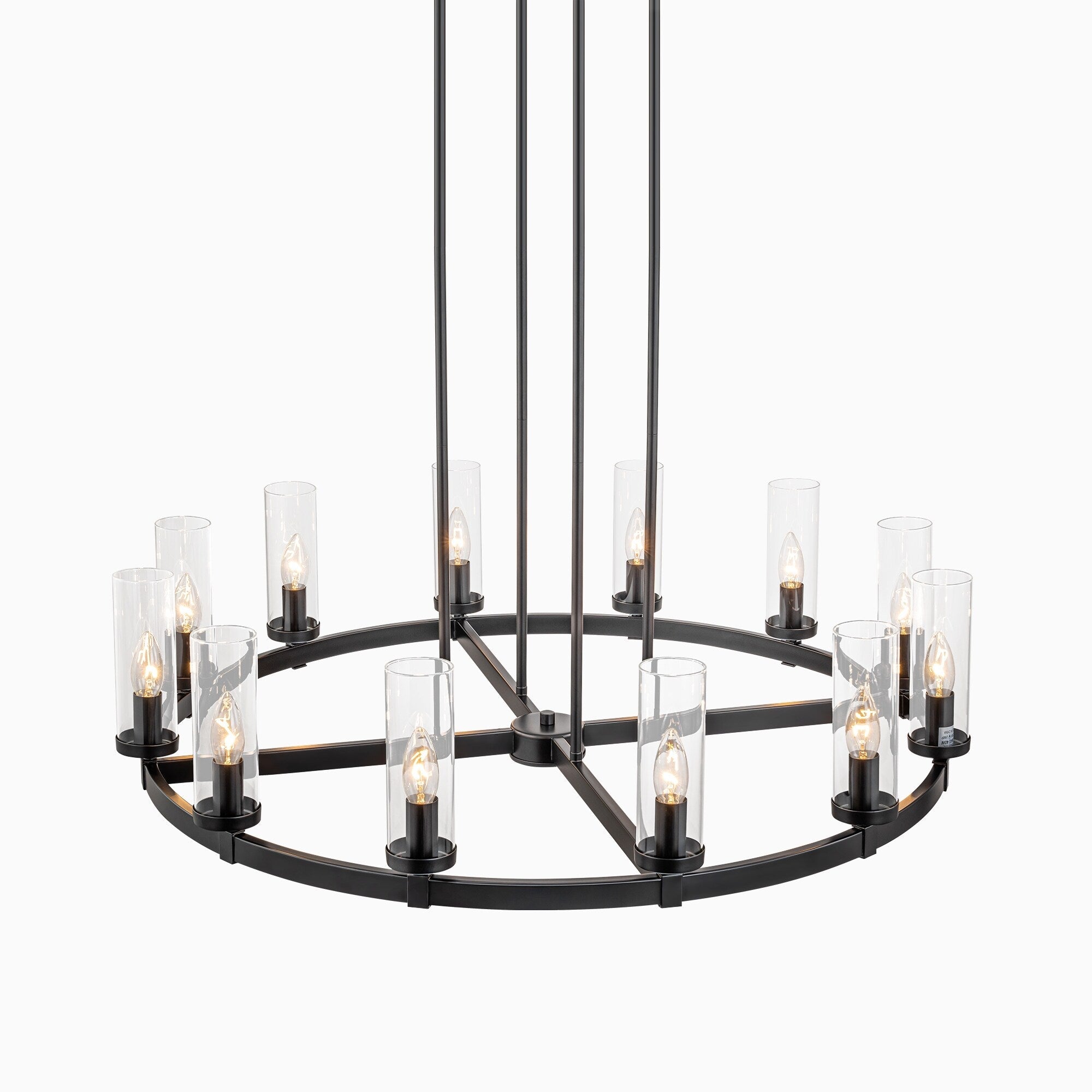 Lustre à 12 lumières en forme de roue de chariot, style moderne du milieu du siècle, en verre transparent, doré/noir, grand modèle