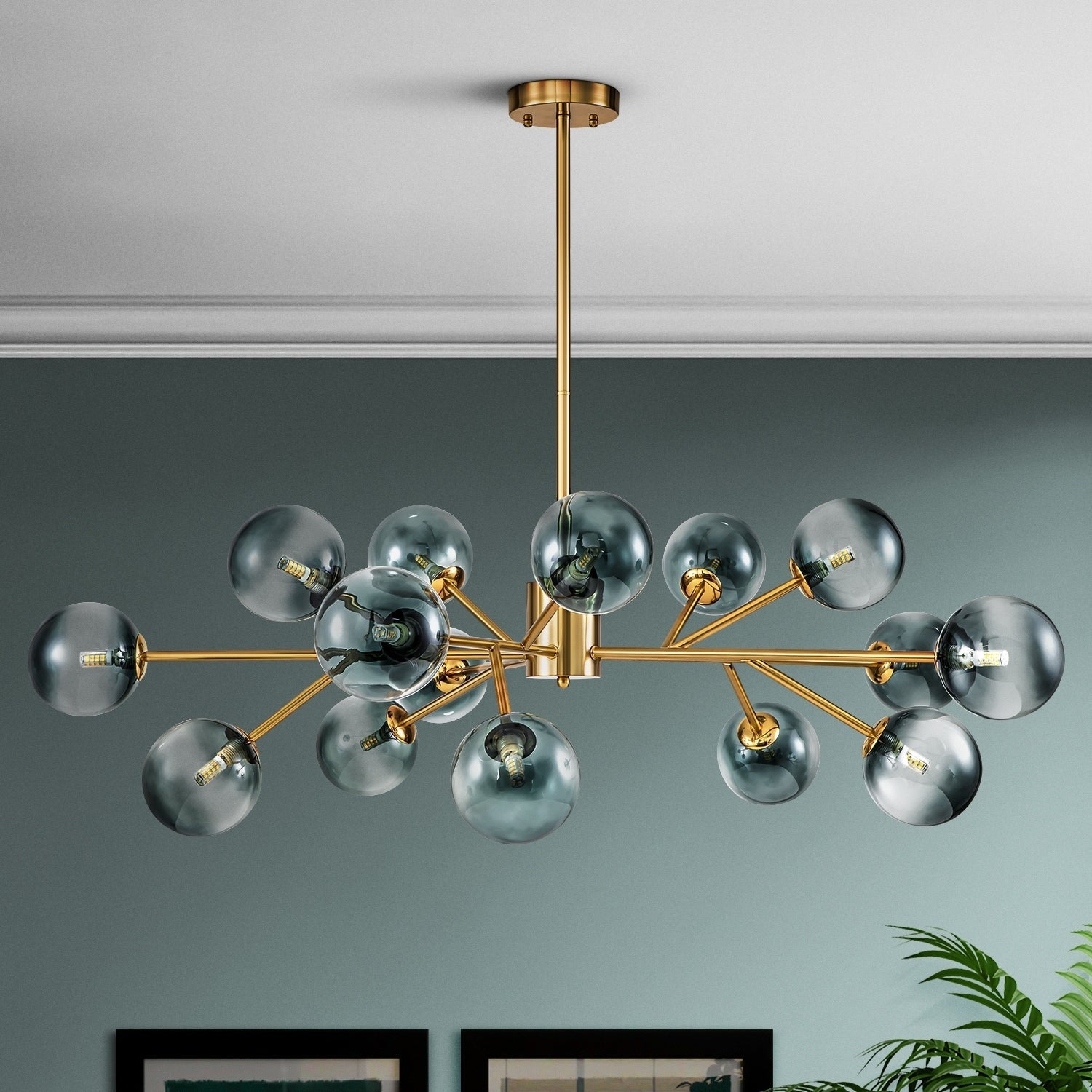 Lustre linéaire moderne à 15 lumières pour îlot de cuisine Sputnik avec branches en verre et bulles