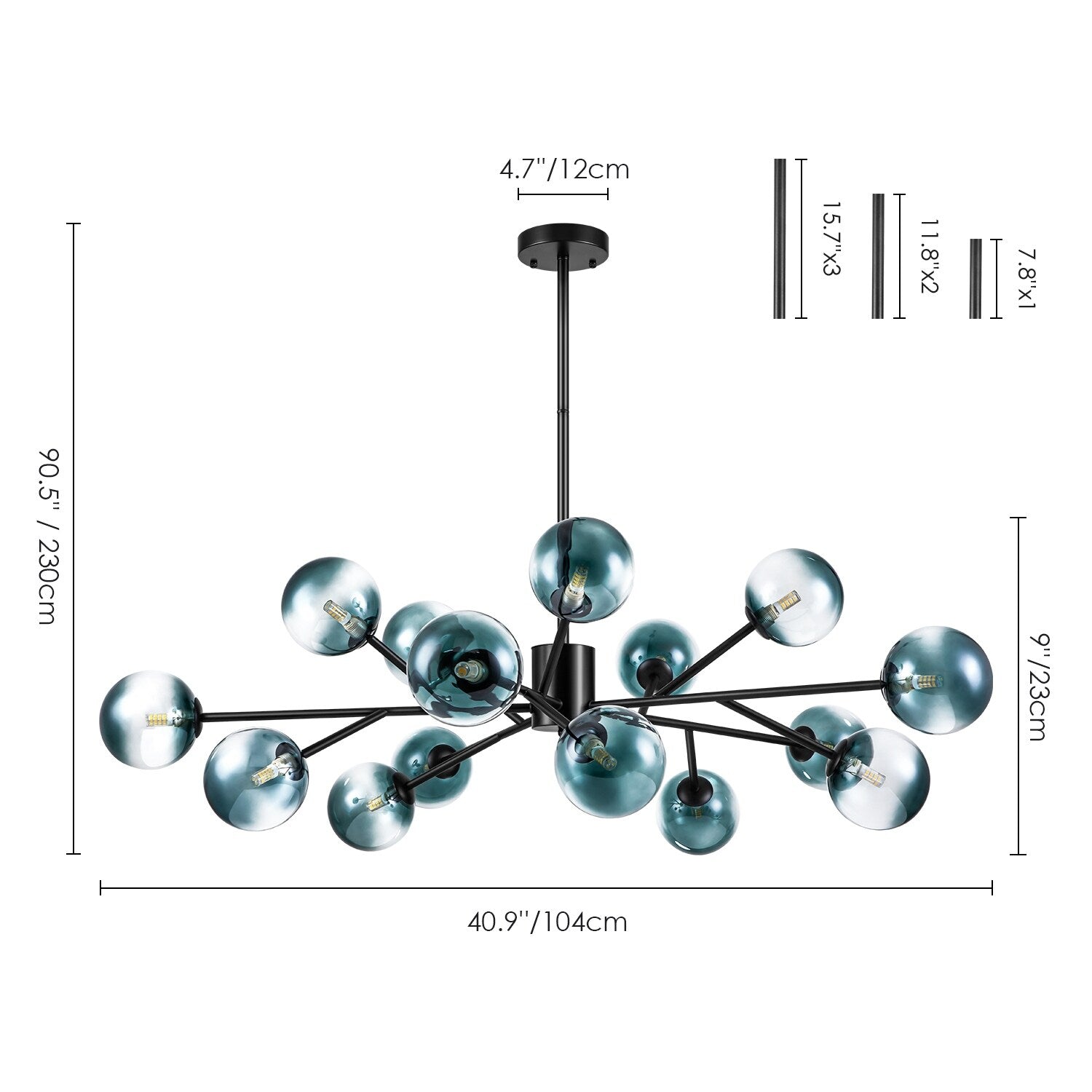 Lustre linéaire moderne à 15 lumières pour îlot de cuisine Sputnik avec branches en verre et bulles
