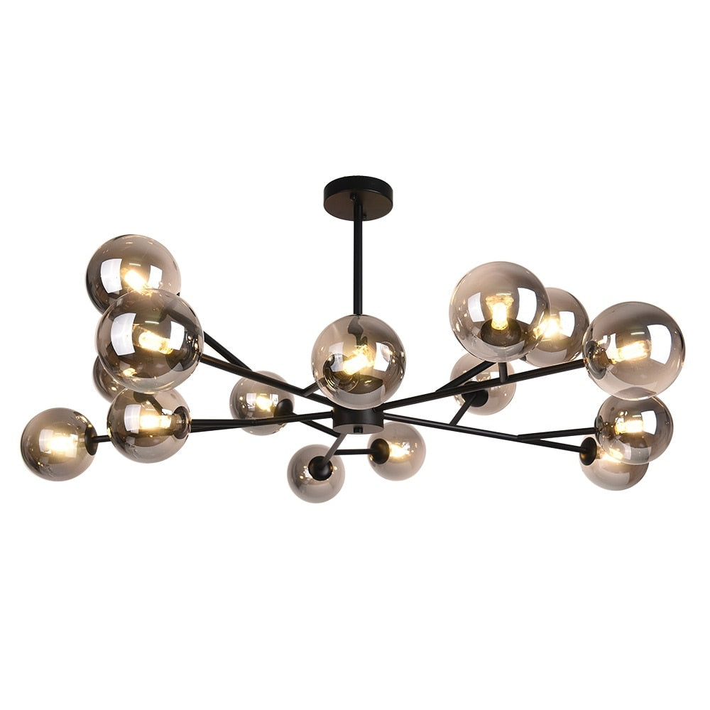 Lustre linéaire moderne à 15 lumières pour îlot de cuisine Sputnik avec branches en verre et bulles