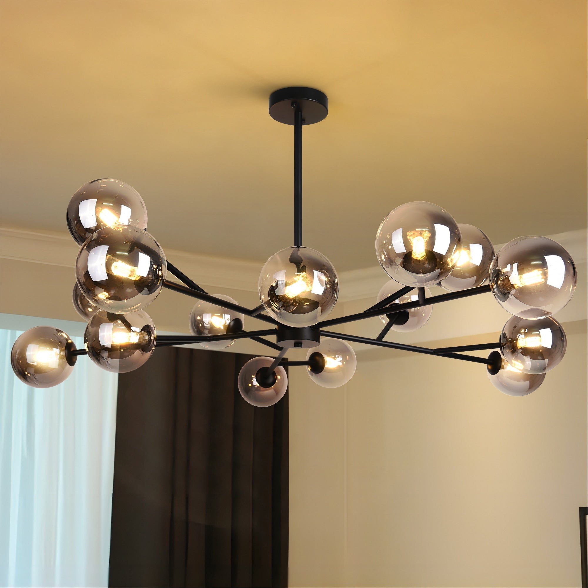Lustre linéaire moderne à 15 lumières pour îlot de cuisine Sputnik avec branches en verre et bulles