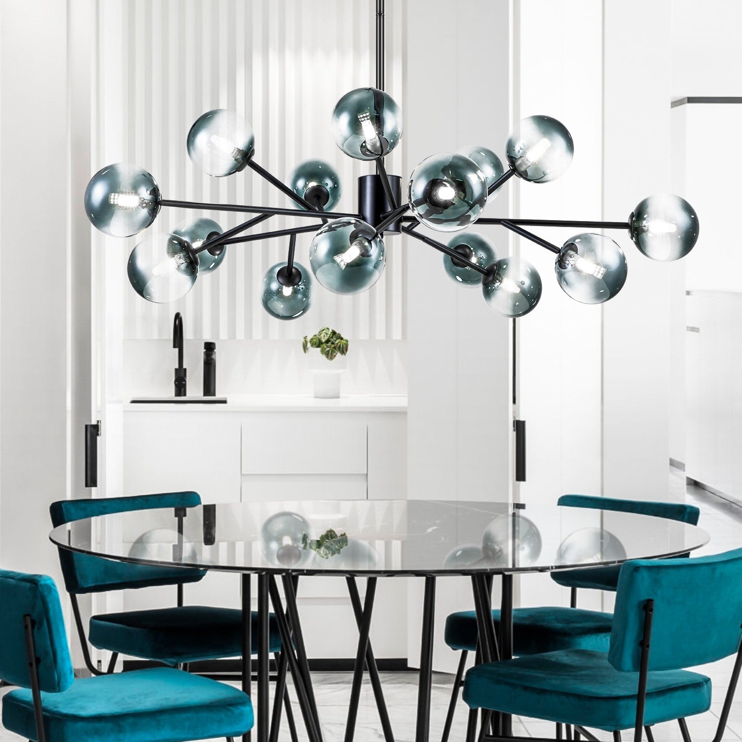 Lustre linéaire moderne à 15 lumières pour îlot de cuisine Sputnik avec branches en verre et bulles