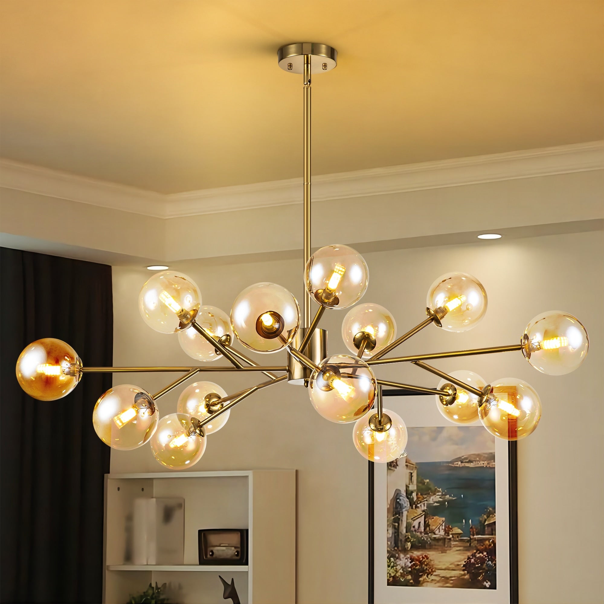 Lustre linéaire moderne à 15 lumières pour îlot de cuisine Sputnik avec branches en verre et bulles