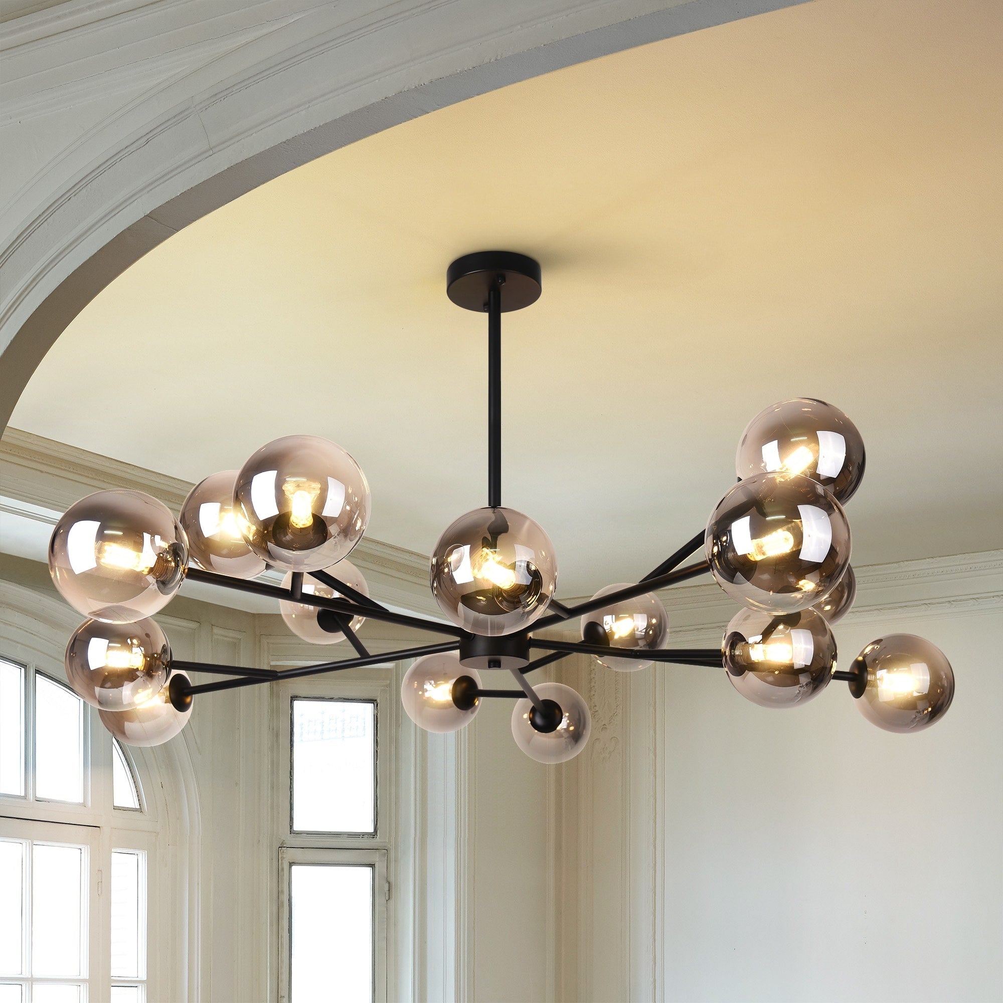Lustre linéaire moderne à 15 lumières pour îlot de cuisine Sputnik avec branches en verre et bulles