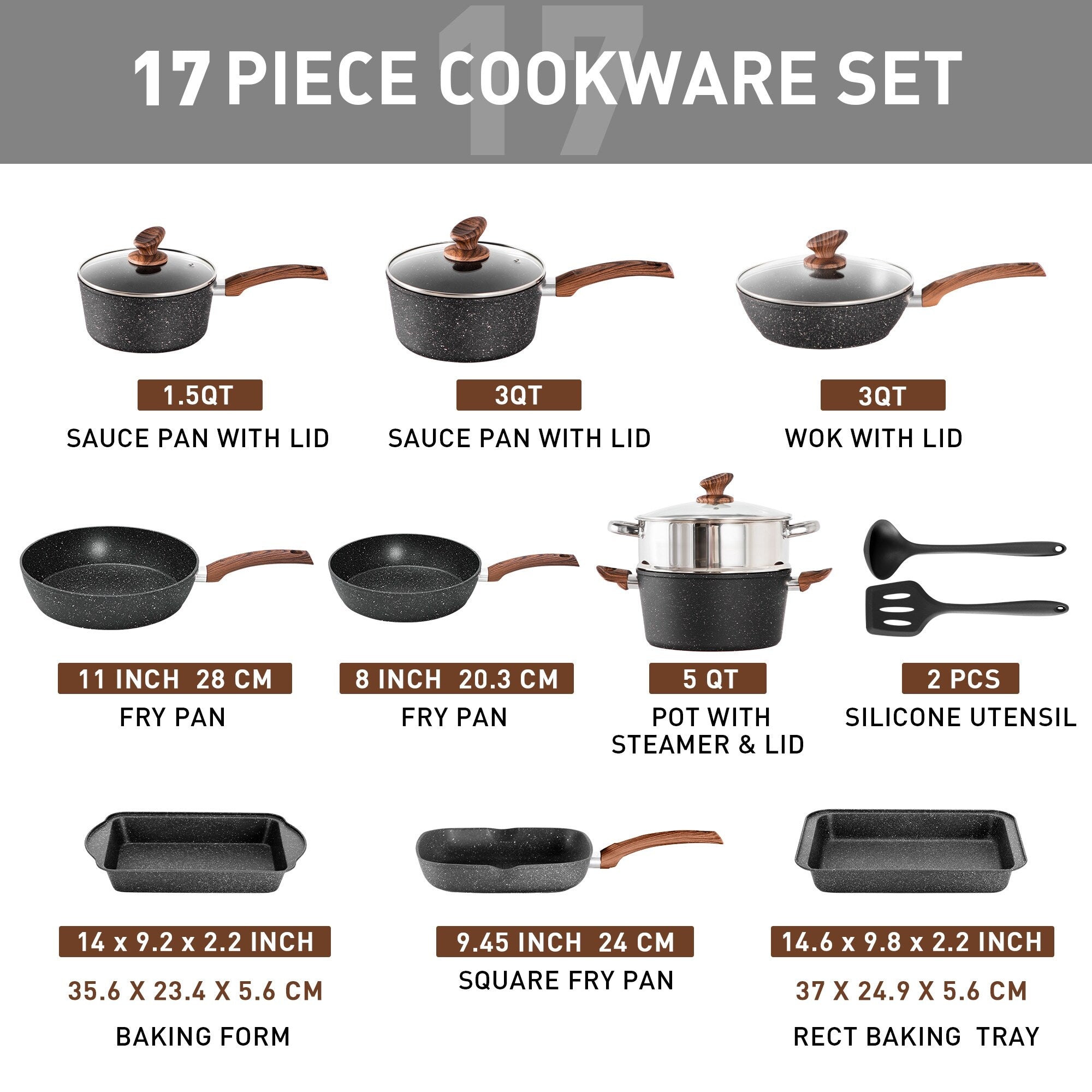 Batterie de cuisine en granit de 17 pièces, ensemble de casseroles et poêles antiadhésives