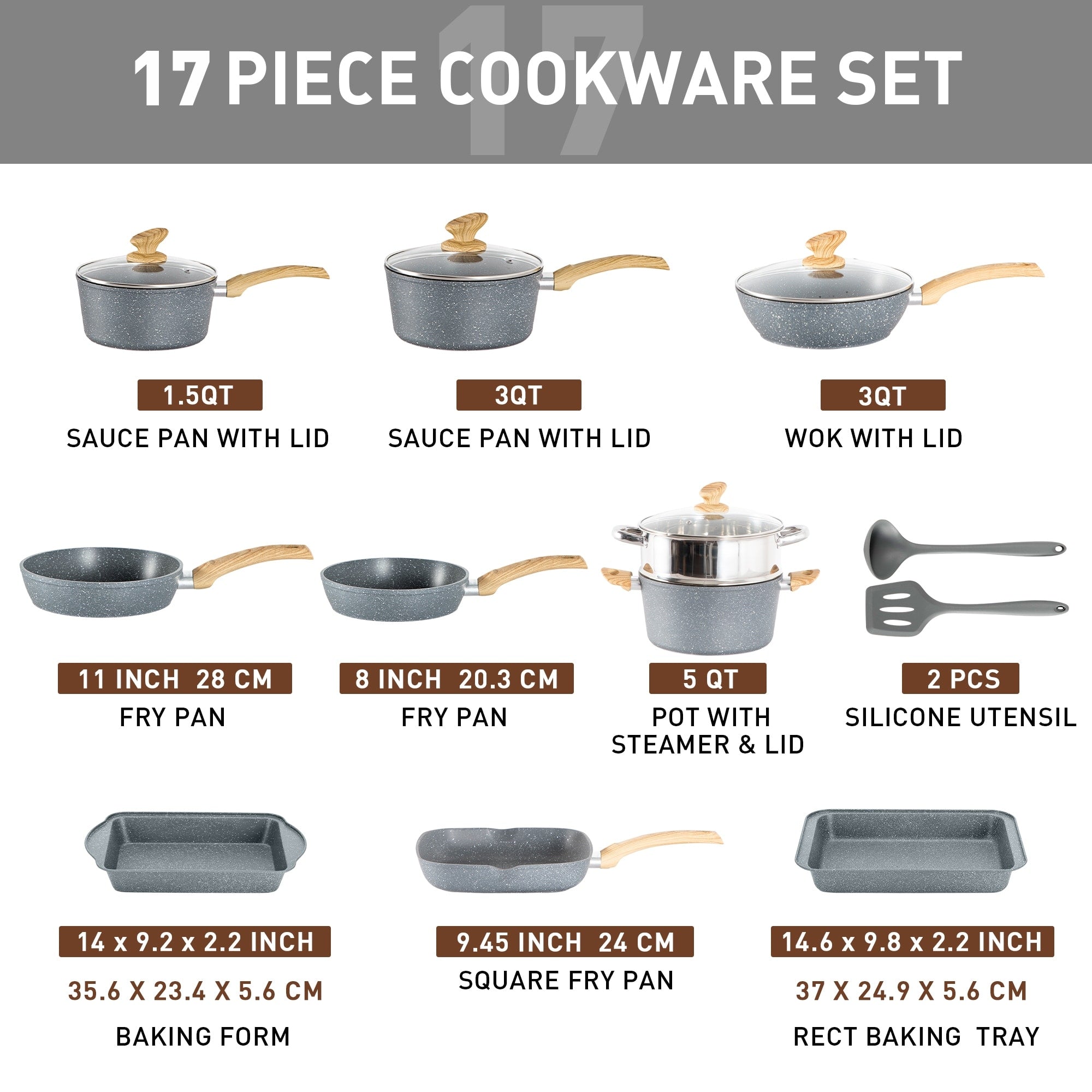 Batterie de cuisine en granit de 17 pièces, ensemble de casseroles et poêles antiadhésives