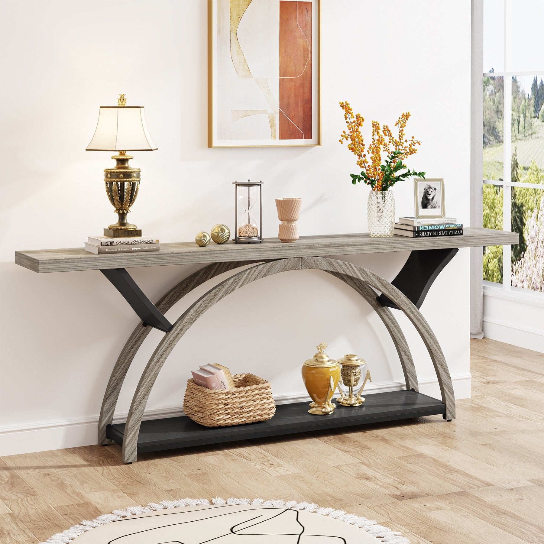 Console étroite à deux niveaux avec cadre semi-circulaire pour entrée, tables d'appoint de couloir grises