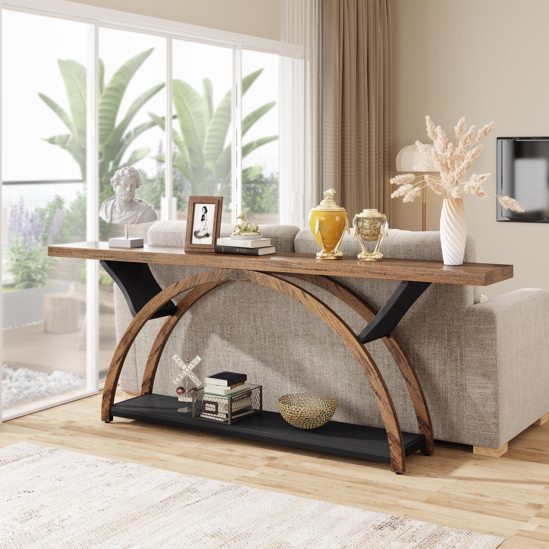 Console étroite à deux niveaux avec cadre semi-circulaire pour entrée, tables d'appoint de couloir grises