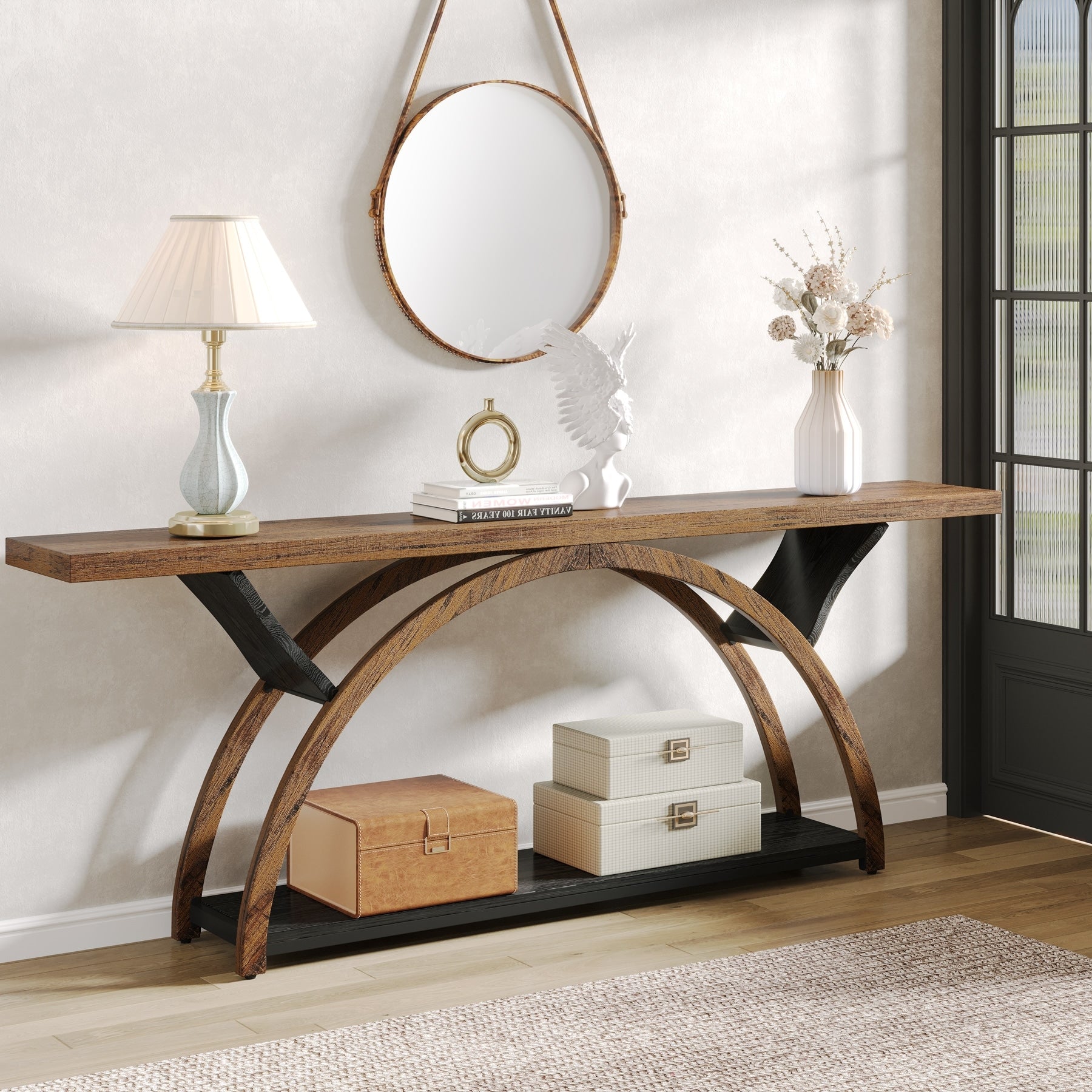 Console étroite à deux niveaux avec cadre semi-circulaire pour entrée, tables d'appoint de couloir grises