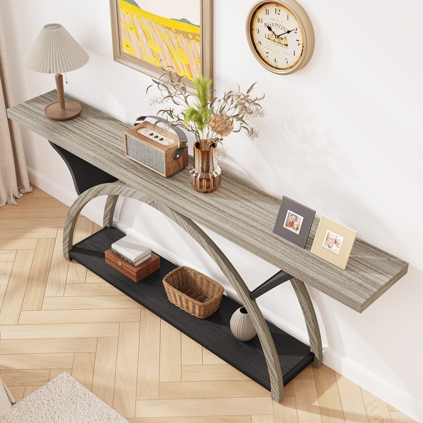 Console étroite à deux niveaux avec cadre semi-circulaire pour entrée, tables d'appoint de couloir grises