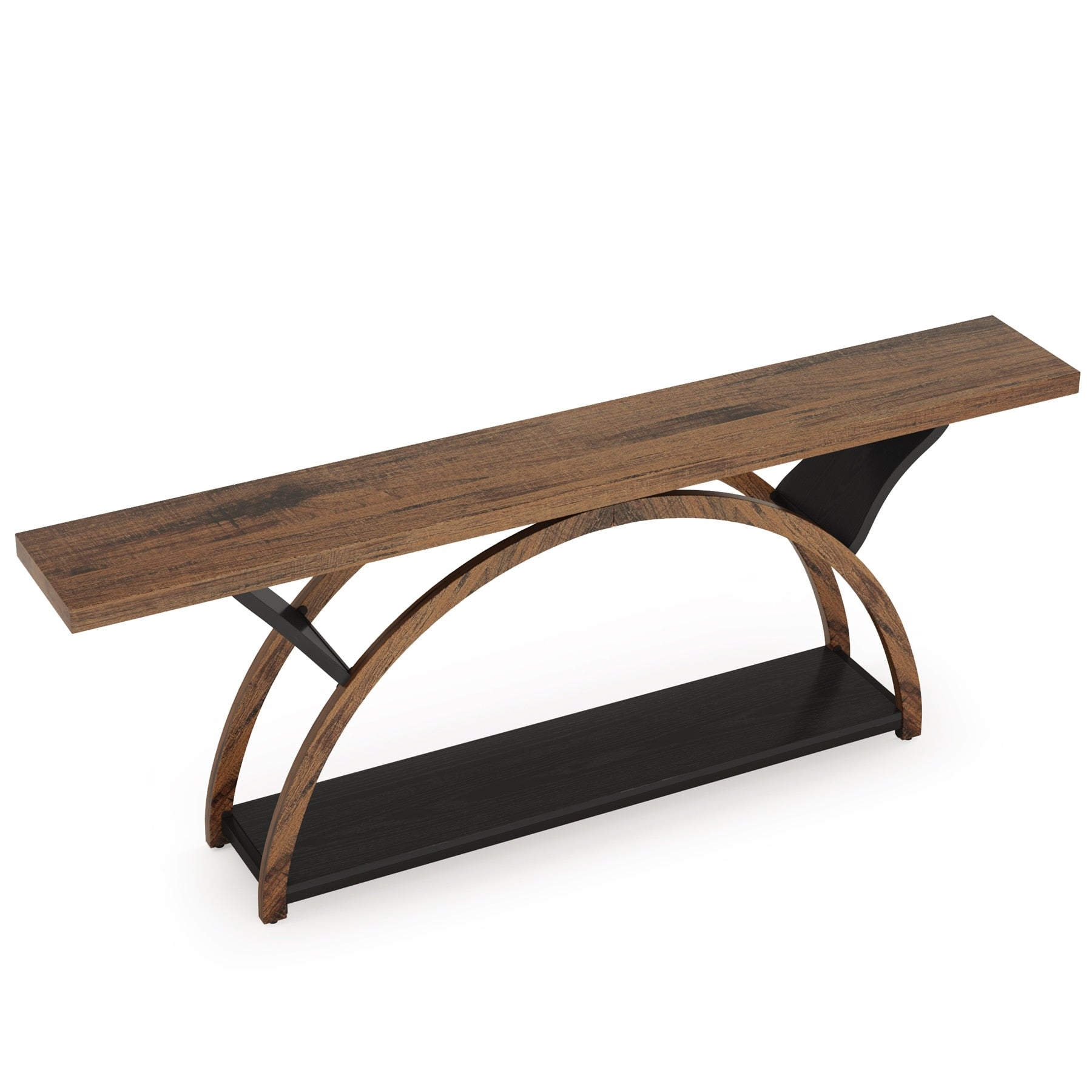 Console étroite à deux niveaux avec cadre semi-circulaire pour entrée, tables d'appoint de couloir grises