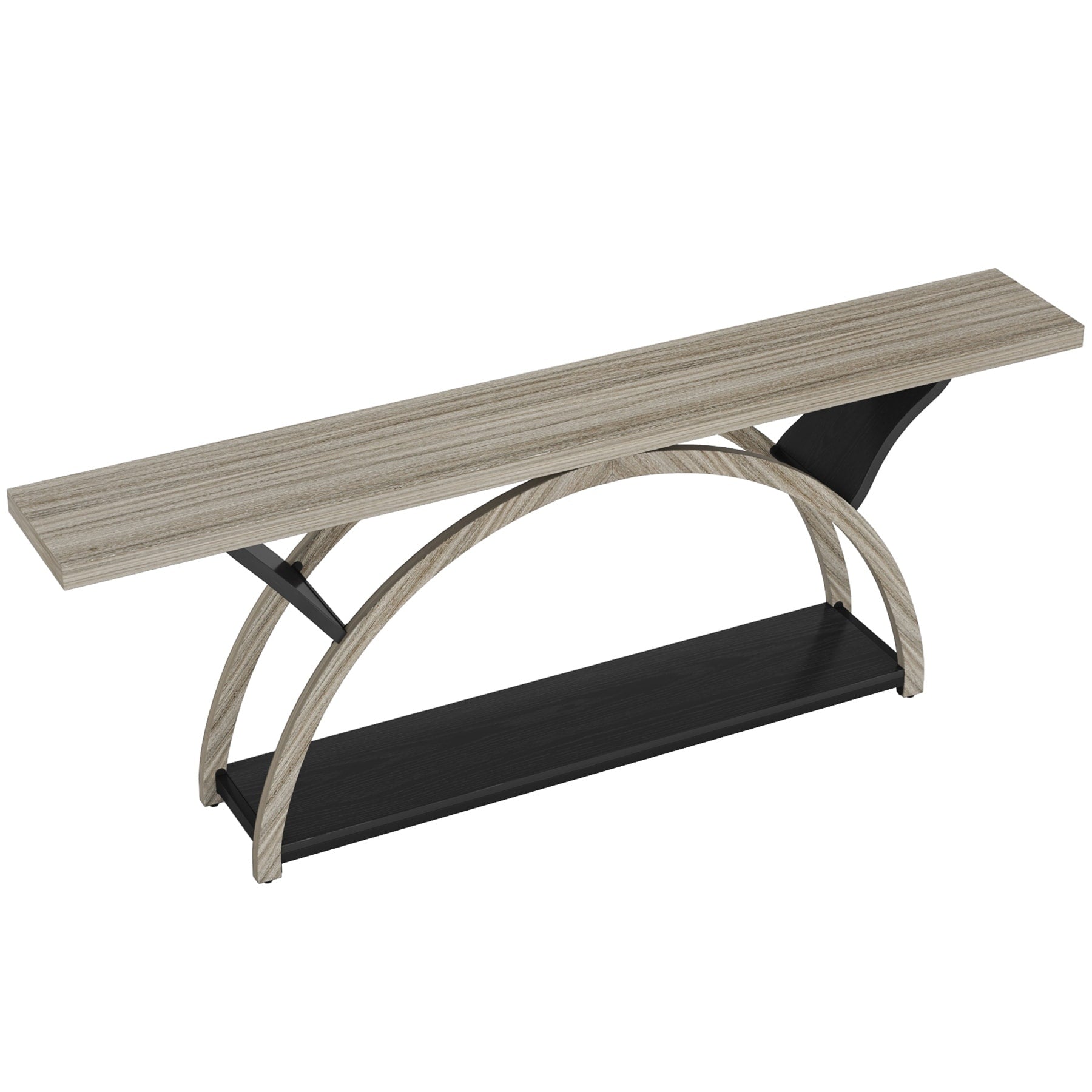 Console étroite à deux niveaux avec cadre semi-circulaire pour entrée, tables d'appoint de couloir grises