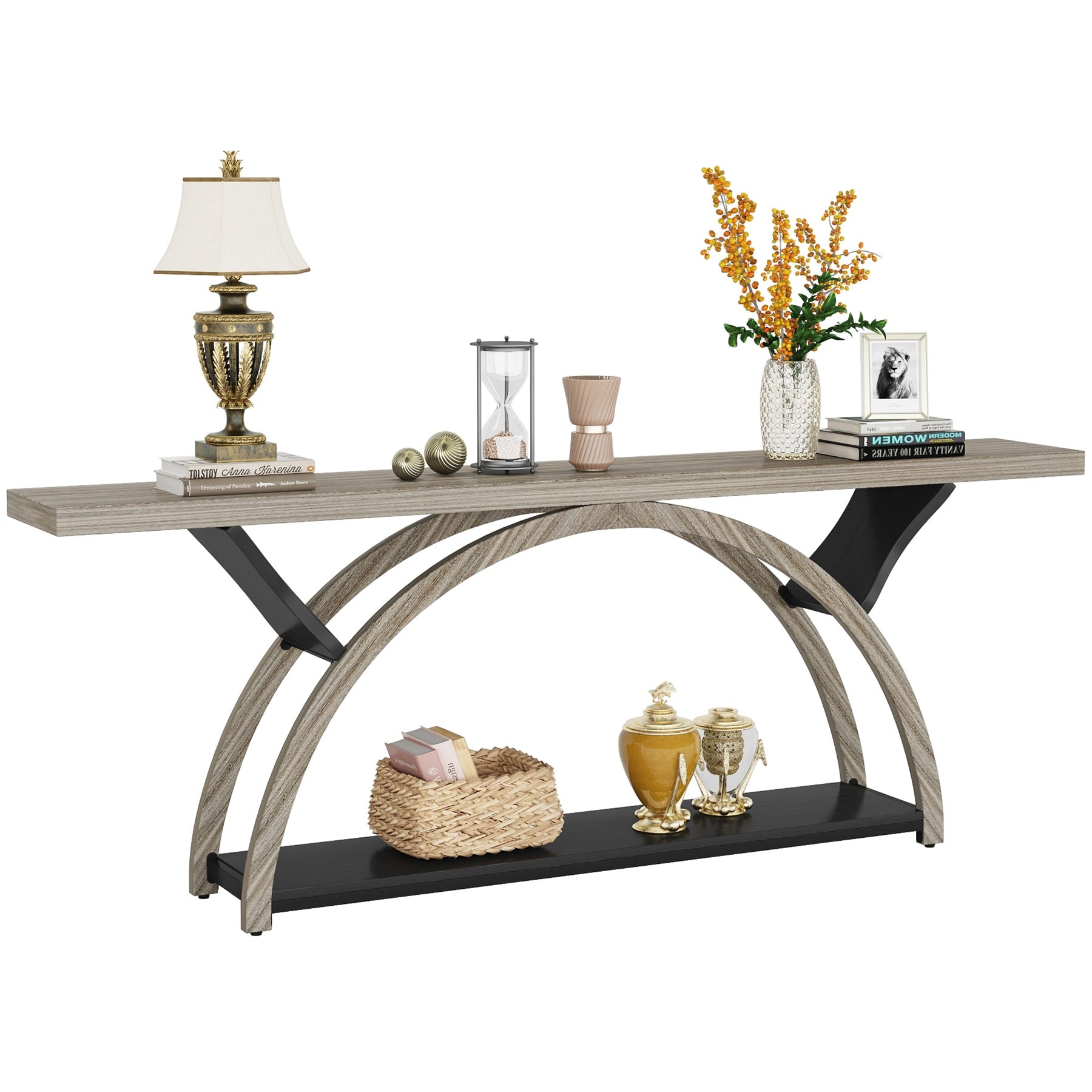 Console étroite à deux niveaux avec cadre semi-circulaire pour entrée, tables d'appoint de couloir grises