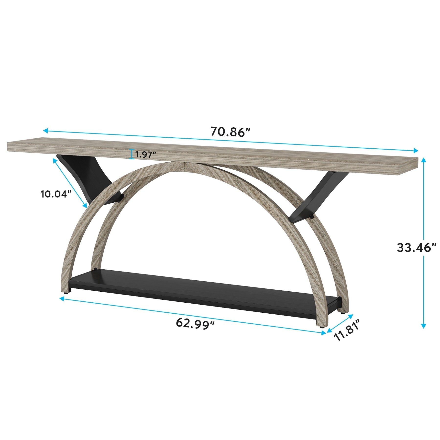 Console étroite à deux niveaux avec cadre semi-circulaire pour entrée, tables d'appoint de couloir grises