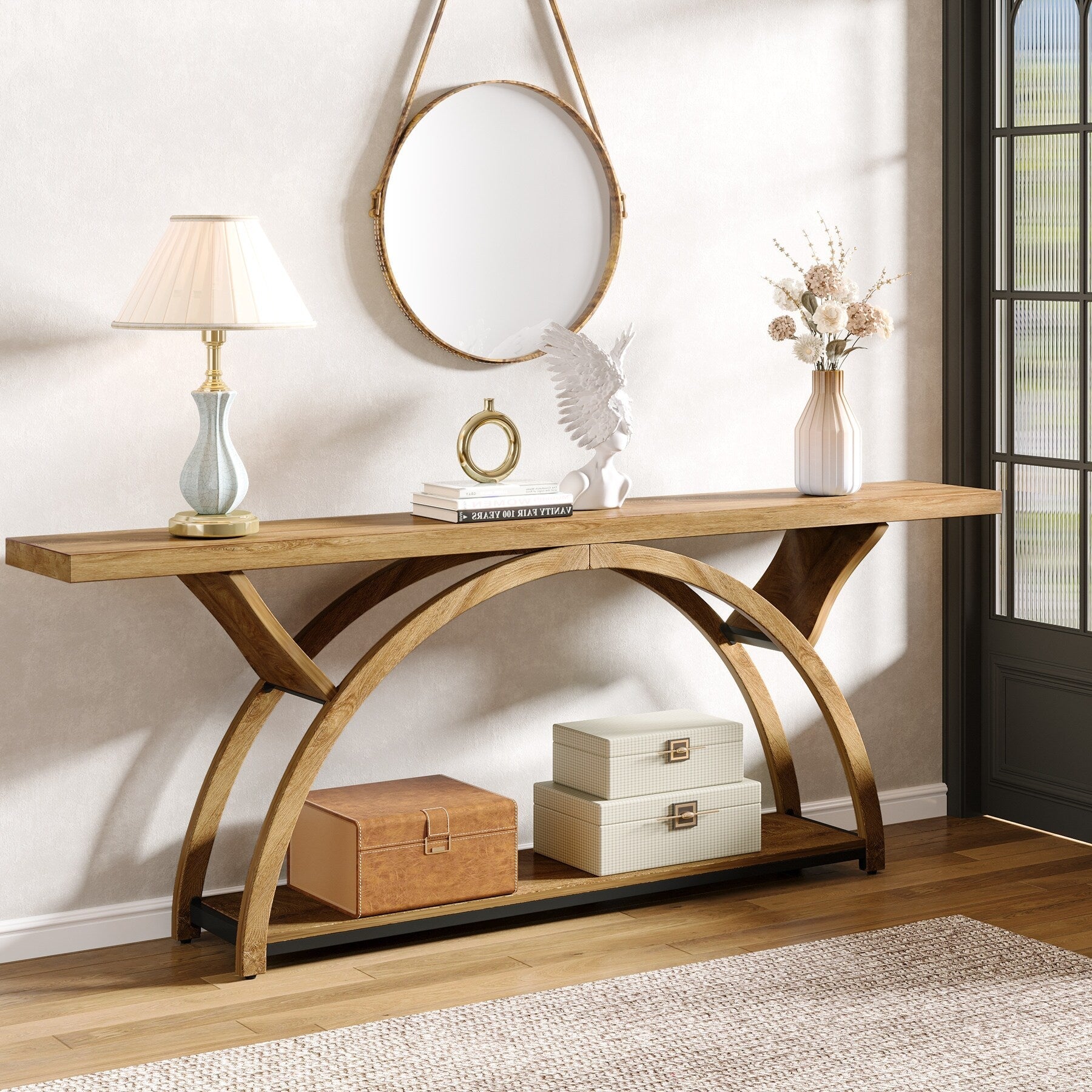Console étroite à deux niveaux avec cadre semi-circulaire pour entrée, tables d'appoint de couloir grises