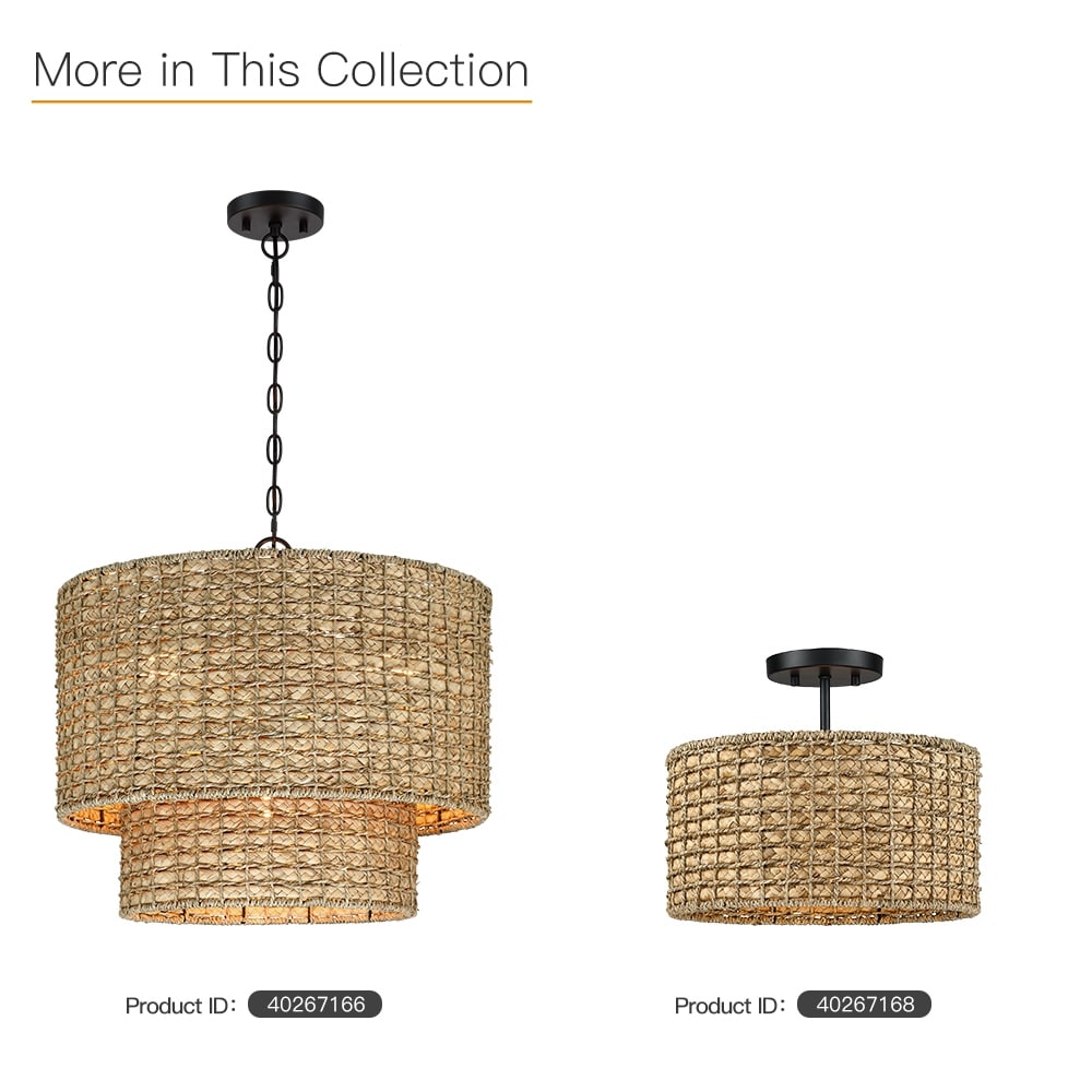 Suspension tambour traditionnelle en rotin naturel à 4 lumières avec auvent noir - Noir/ocre - 50,8 cm de largeur