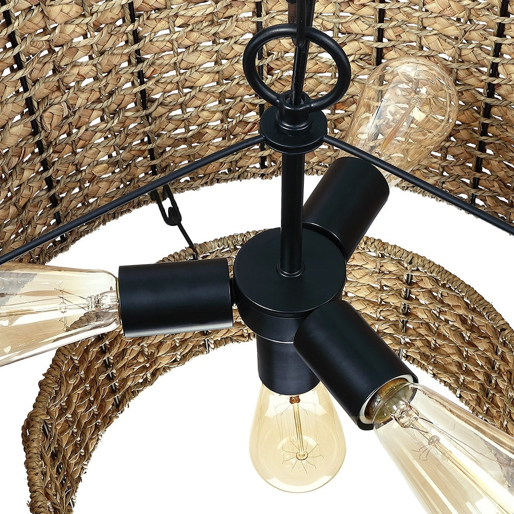 Suspension tambour traditionnelle en rotin naturel à 4 lumières avec auvent noir - Noir/ocre - 50,8 cm de largeur