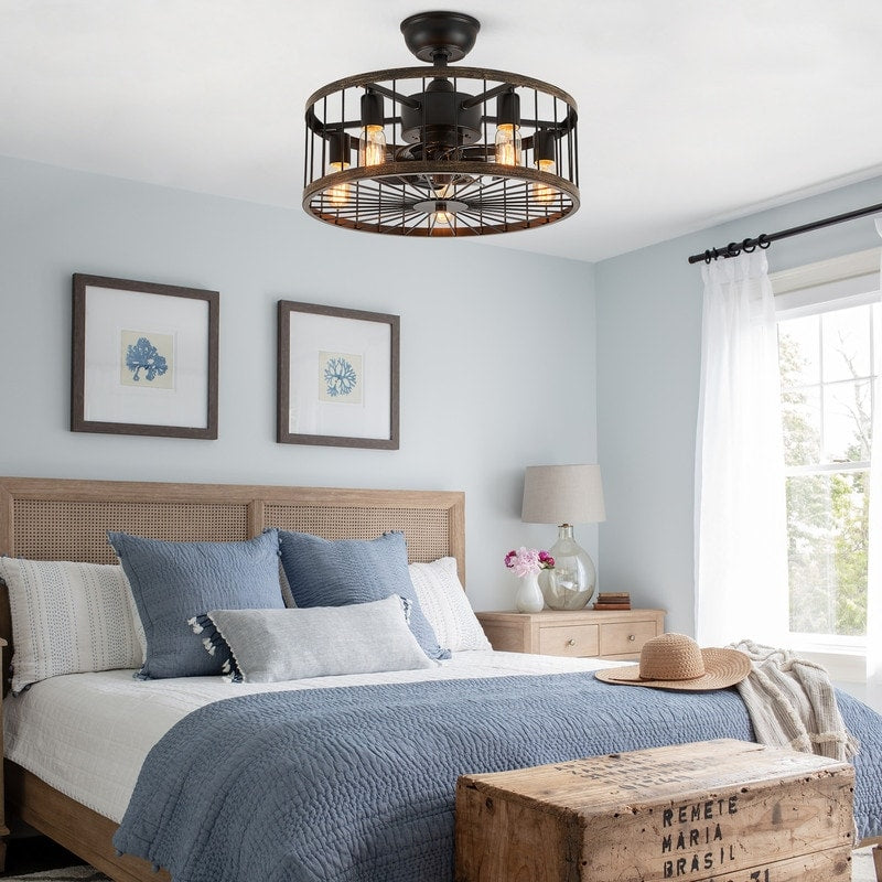 Ventilateur de plafond à profil bas de 20 po, style ferme moderne, finition bois, avec éclairage et télécommande