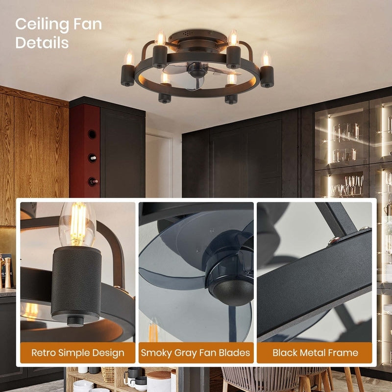 Ventilateur de plafond moderne de style ferme de 20 po, éclairage LED discret à encastrer avec télécommande pour salon