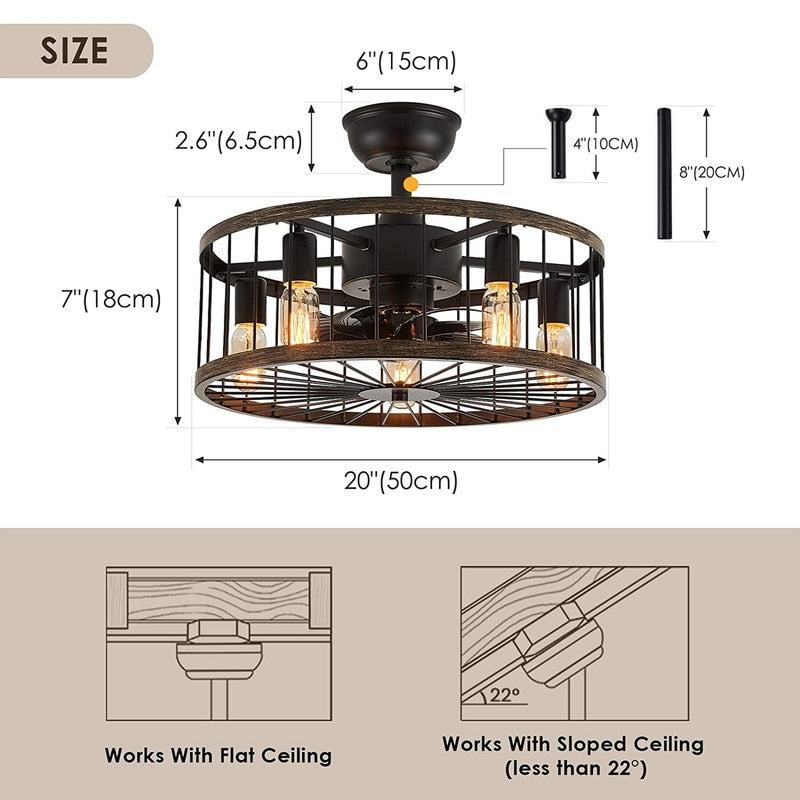 Ventilateur de plafond à profil bas de 20 po, style ferme moderne, finition bois, avec éclairage et télécommande