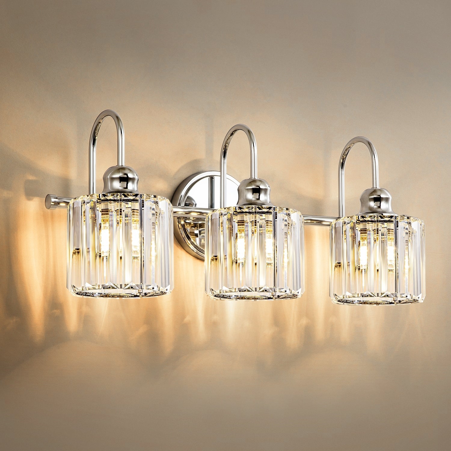 Applique murale de salle de bain moderne à 3/4 lumières, en cristal, à intensité variable, style glamour, linéaire, au-dessus du miroir