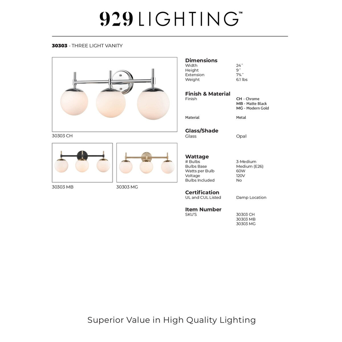 Luminaire de salle de bain à 3 lampes 929 Lighting, disponible en plusieurs finitions et avec abat-jour en verre opale.