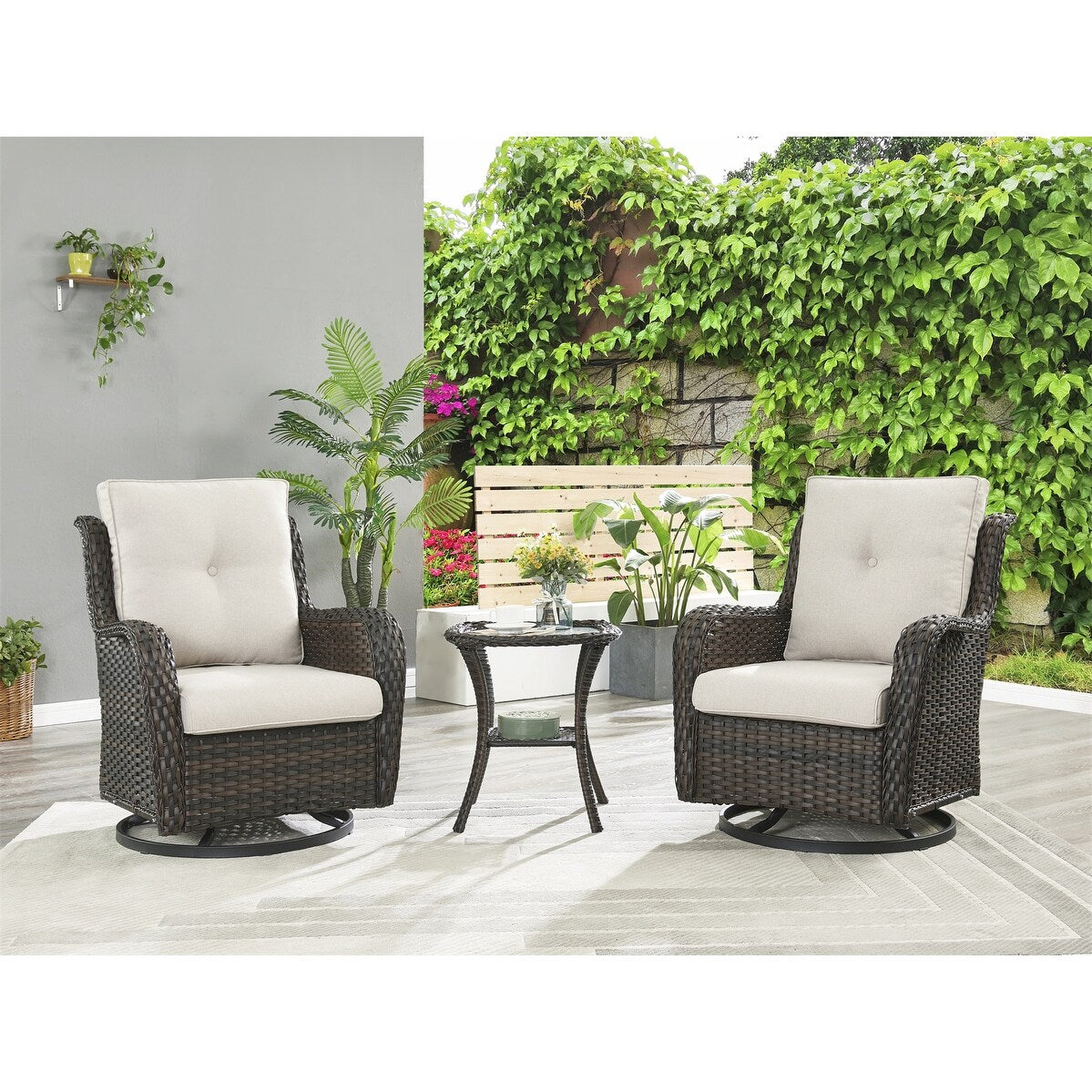 Fauteuil à bascule pivotant d'extérieur Gymojoy 3 pièces en osier avec coussin et table