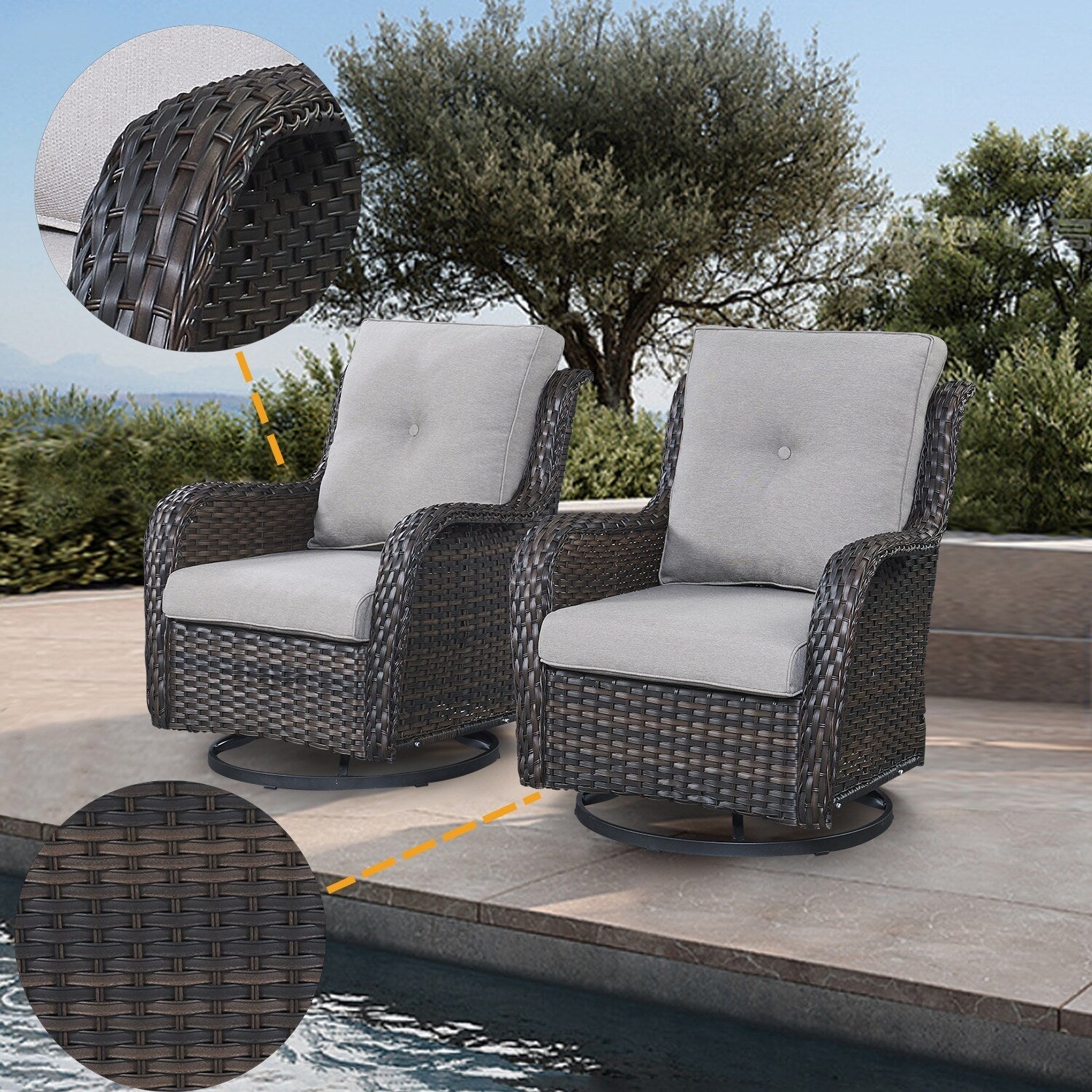 Fauteuil à bascule pivotant d'extérieur Gymojoy 3 pièces en osier avec coussin et table