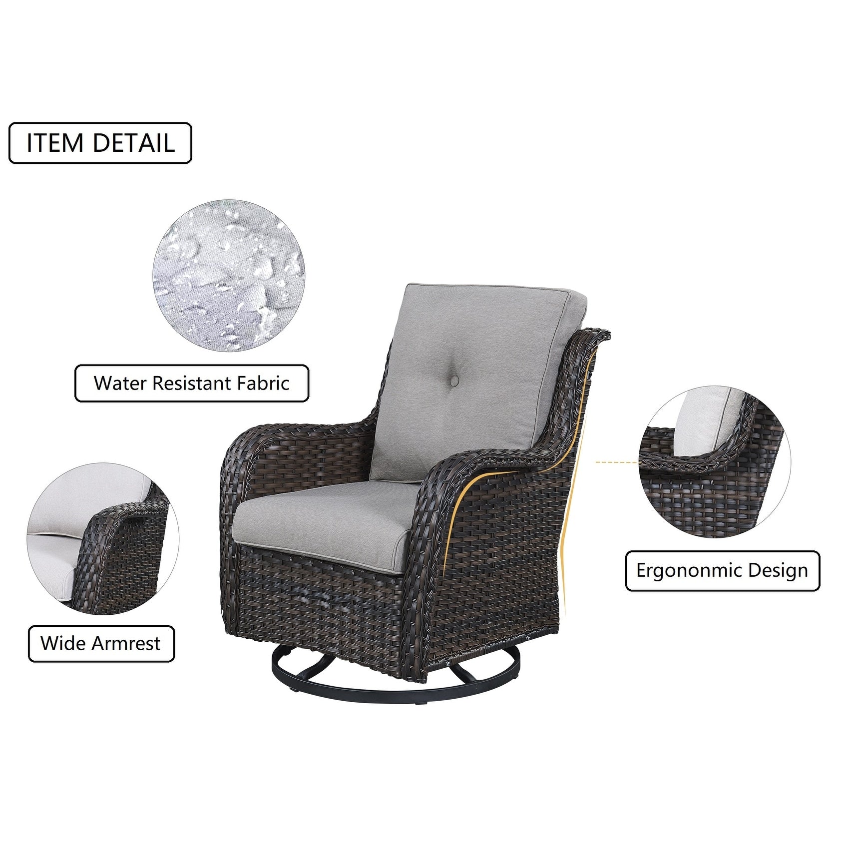 Fauteuil à bascule pivotant d'extérieur Gymojoy 3 pièces en osier avec coussin et table