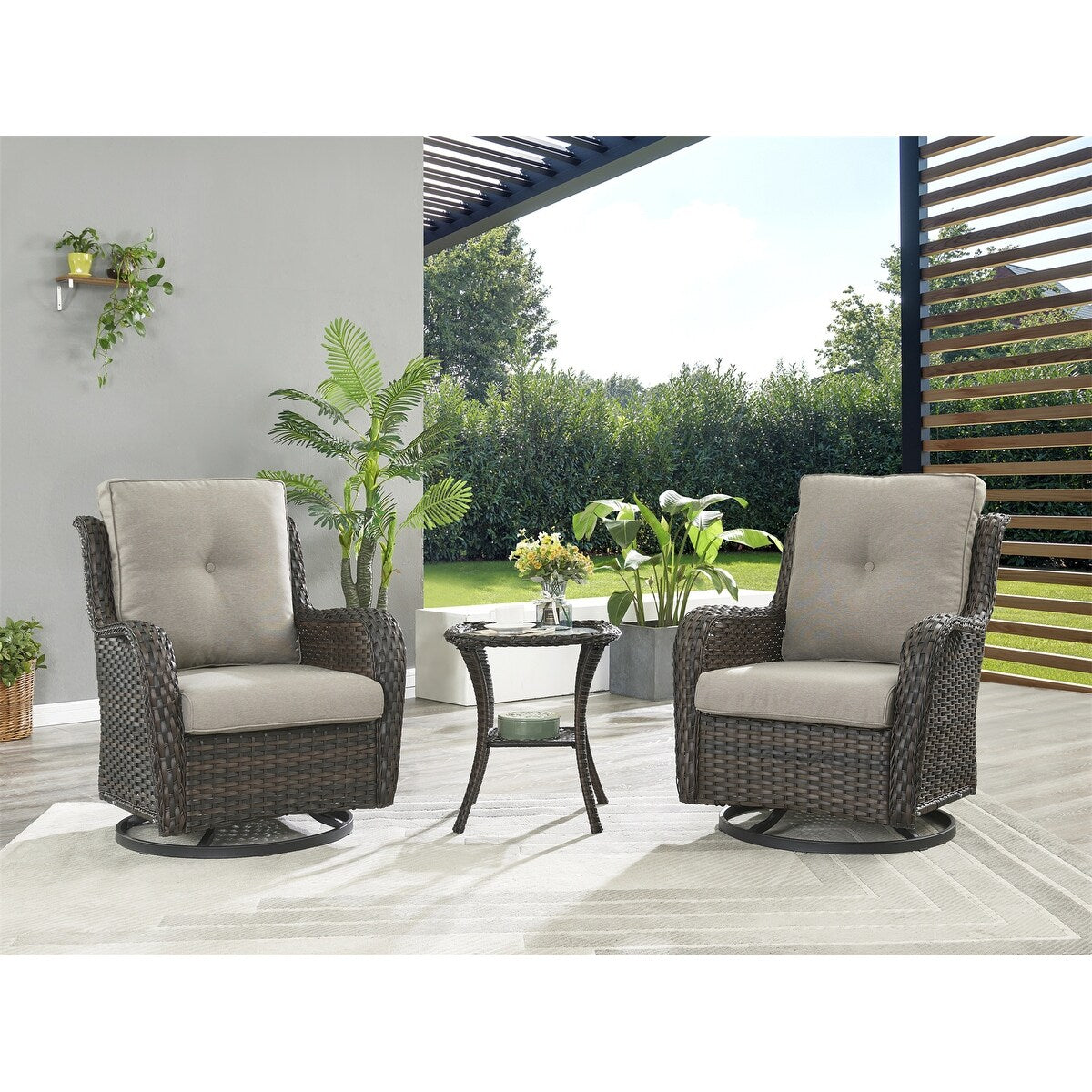 Fauteuil à bascule pivotant d'extérieur Gymojoy 3 pièces en osier avec coussin et table