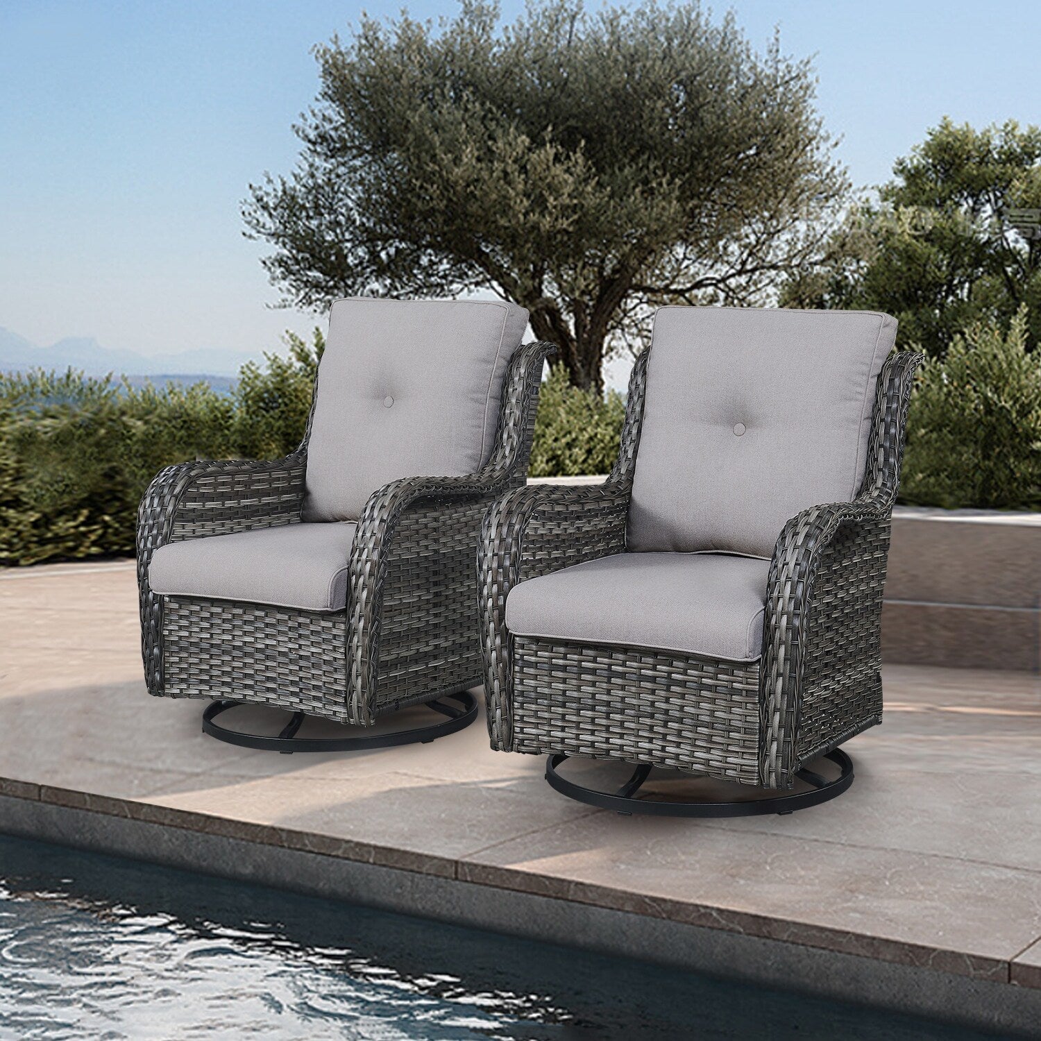 Fauteuil à bascule pivotant d'extérieur Gymojoy 3 pièces en osier avec coussin et table