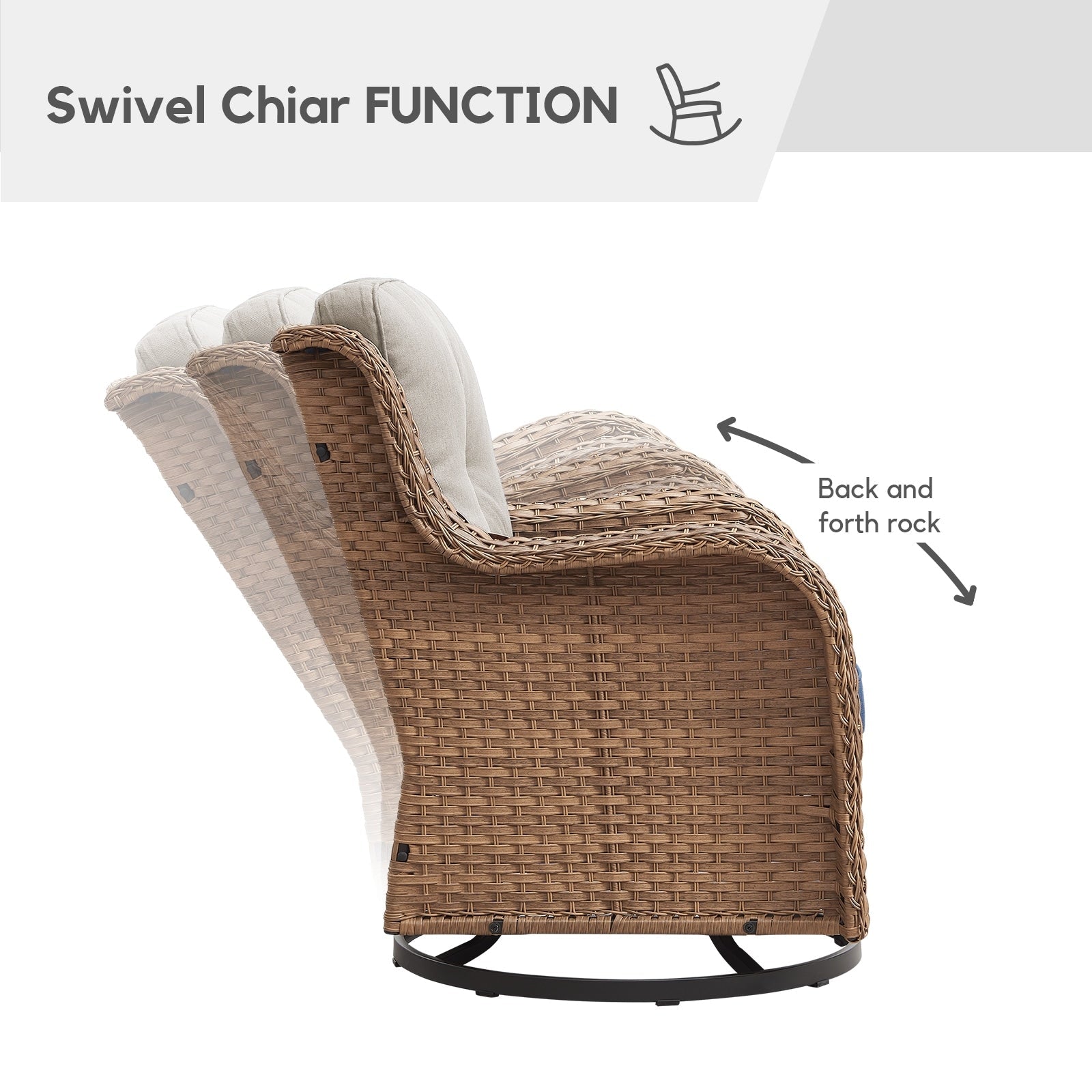 Fauteuil à bascule pivotant d'extérieur Gymojoy 3 pièces en osier avec coussin et table