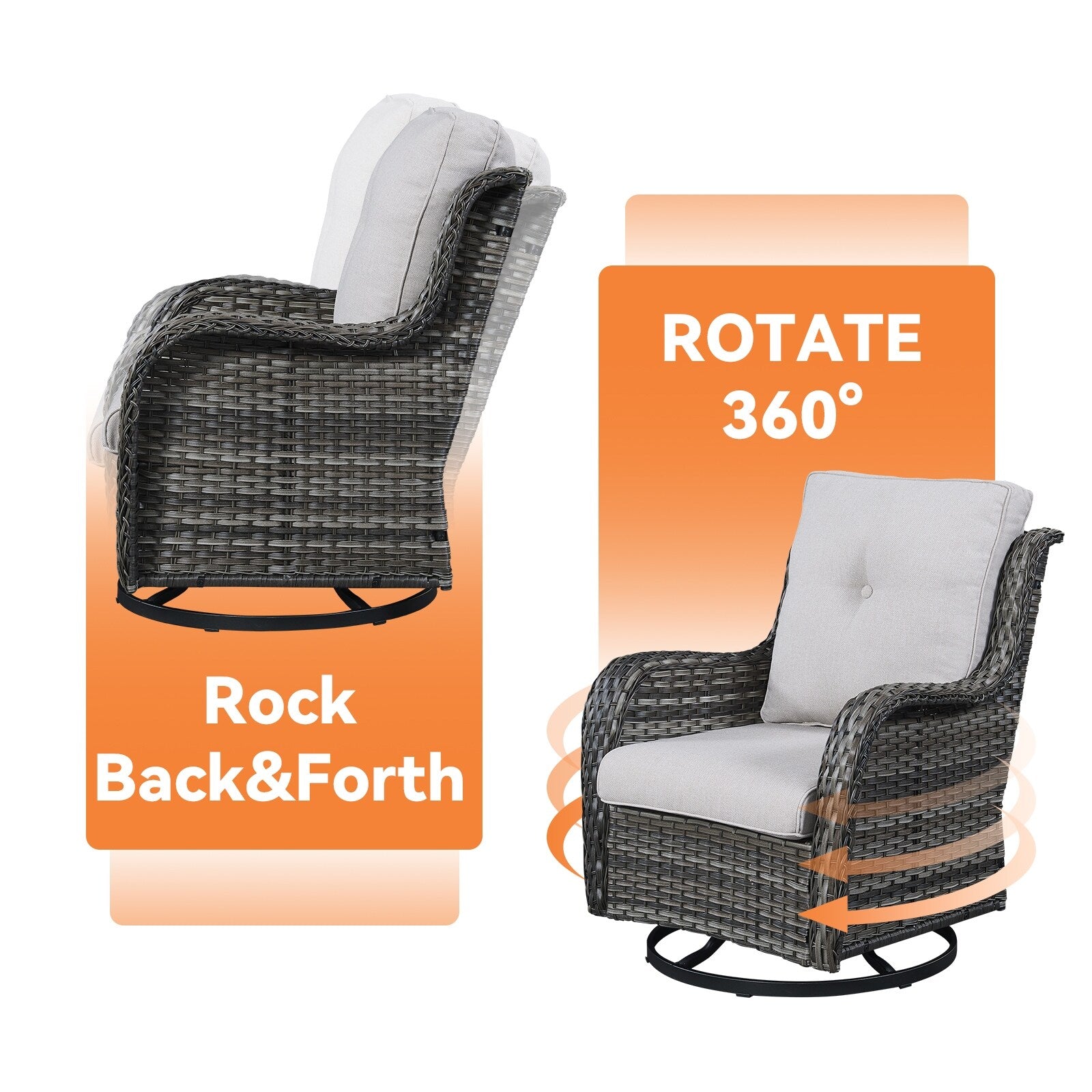 Fauteuil à bascule pivotant d'extérieur Gymojoy 3 pièces en osier avec coussin et table