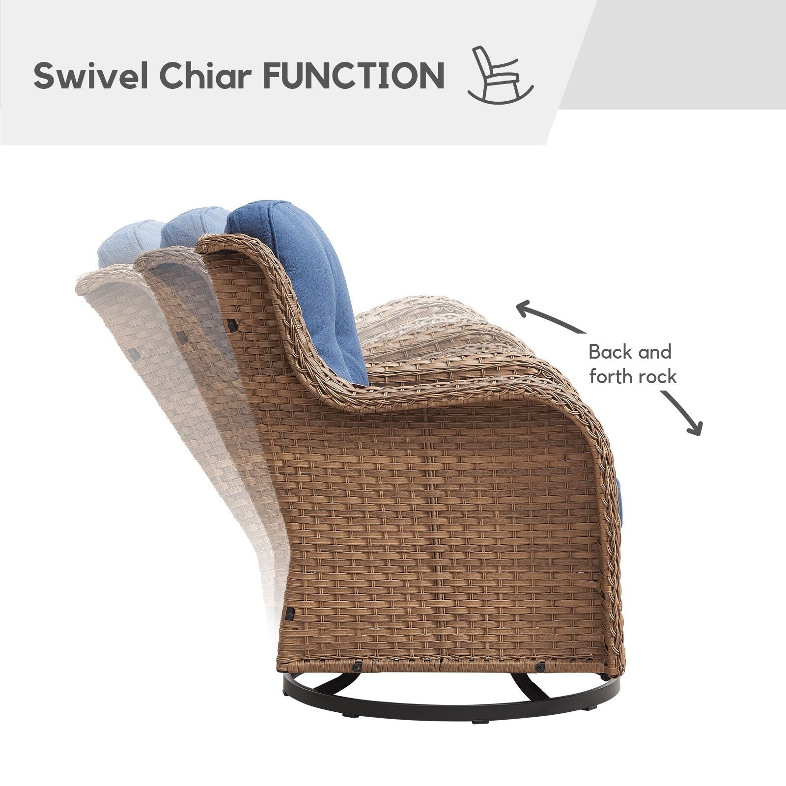 Fauteuil à bascule pivotant d'extérieur Gymojoy 3 pièces en osier avec coussin et table