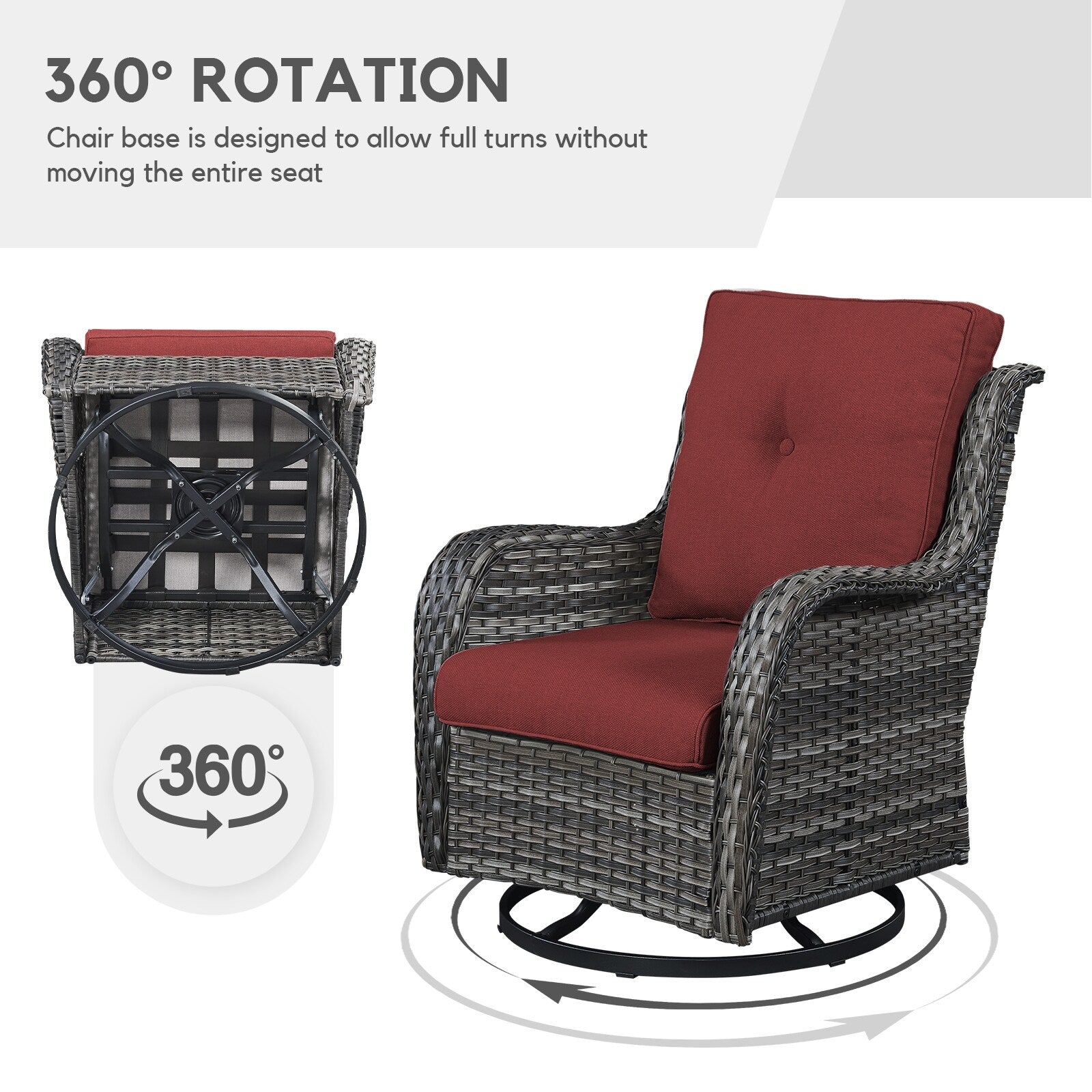 Fauteuil à bascule pivotant d'extérieur Gymojoy 3 pièces en osier avec coussin et table