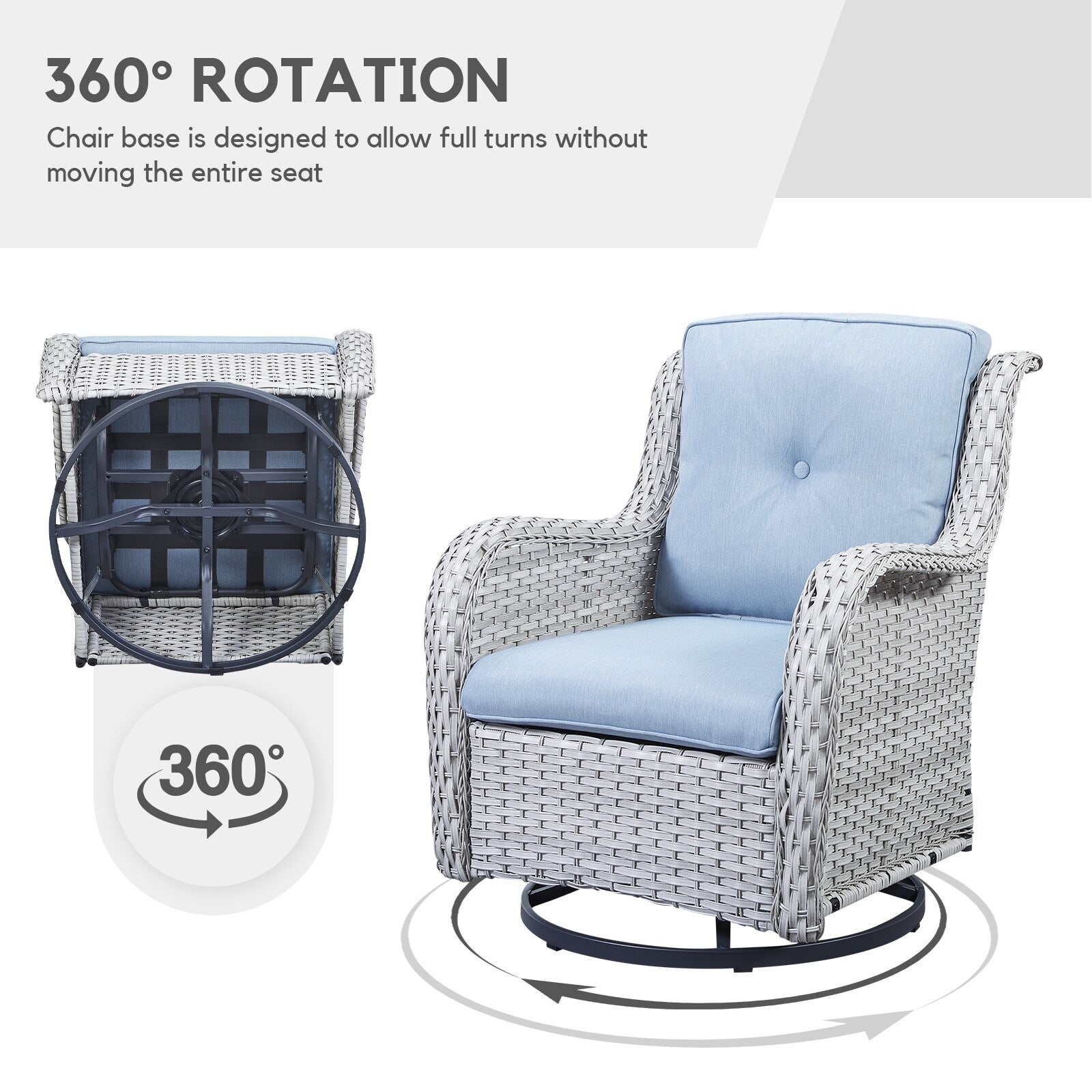 Fauteuil à bascule pivotant d'extérieur Gymojoy 3 pièces en osier avec coussin et table