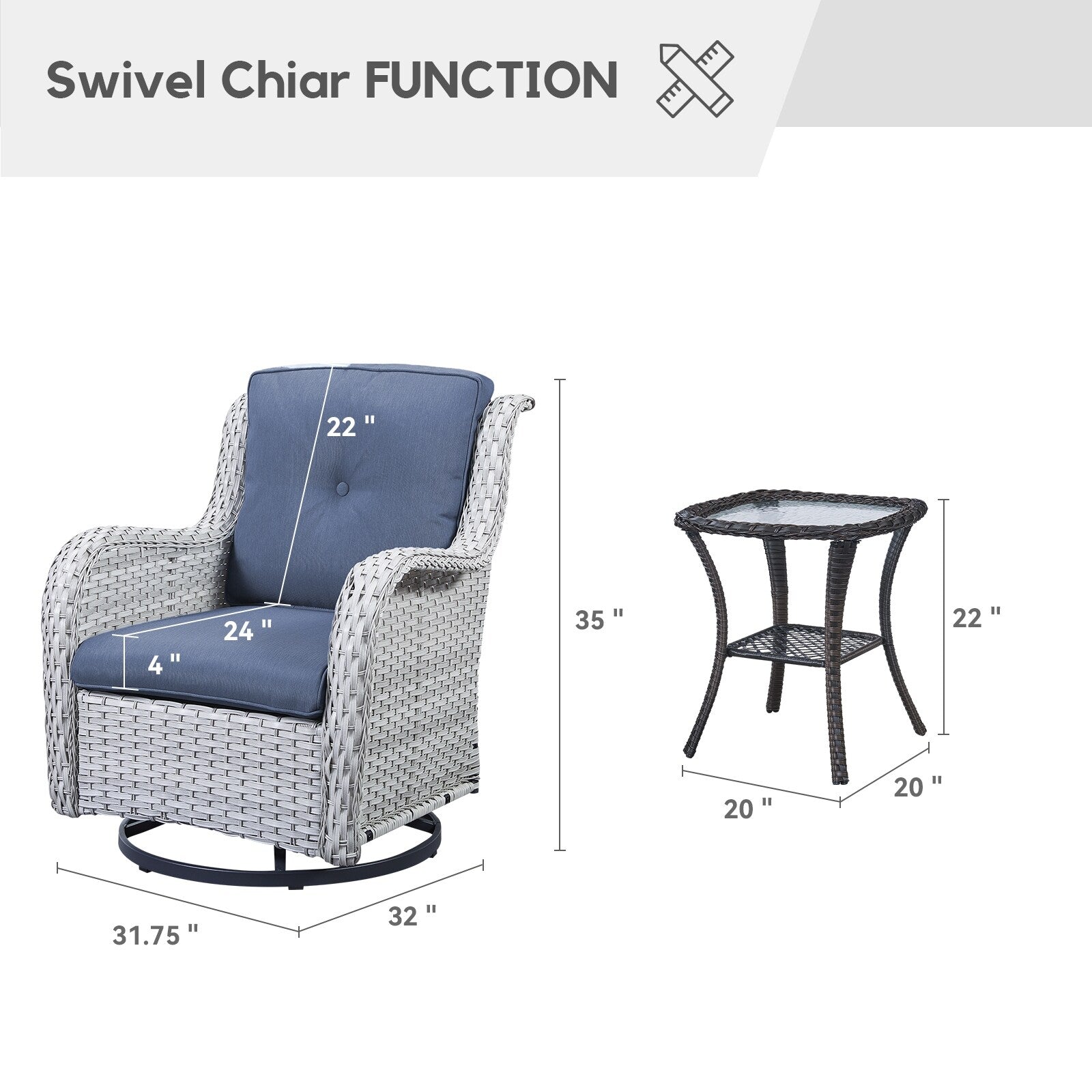 Fauteuil à bascule pivotant d'extérieur Gymojoy 3 pièces en osier avec coussin et table