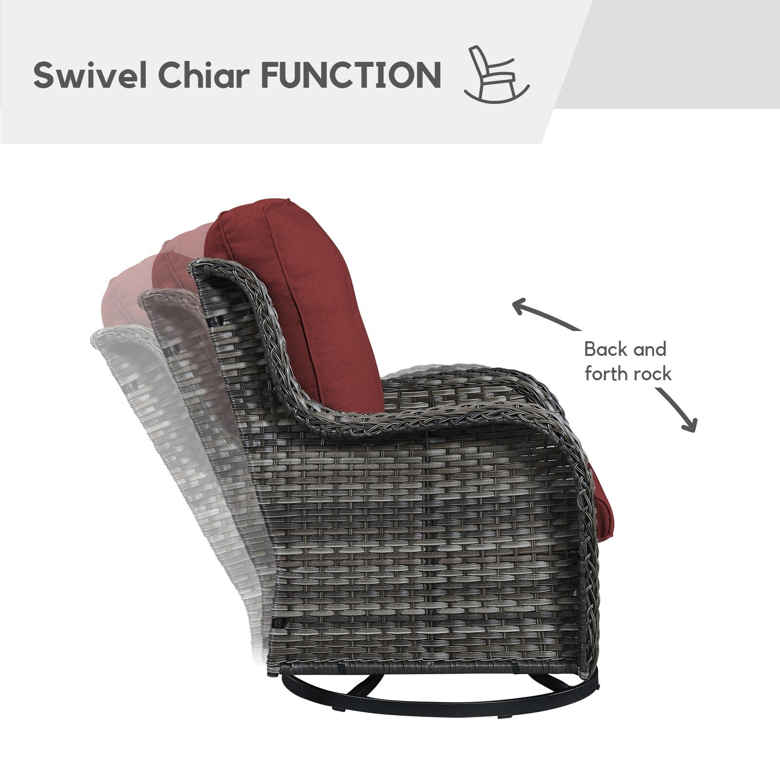 Fauteuil à bascule pivotant d'extérieur Gymojoy 3 pièces en osier avec coussin et table