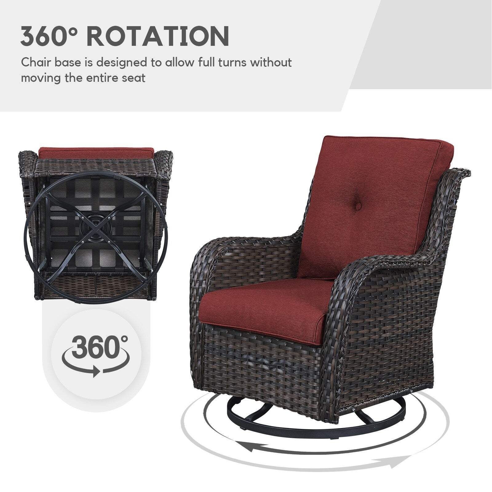 Fauteuil à bascule pivotant d'extérieur Gymojoy 3 pièces en osier avec coussin et table