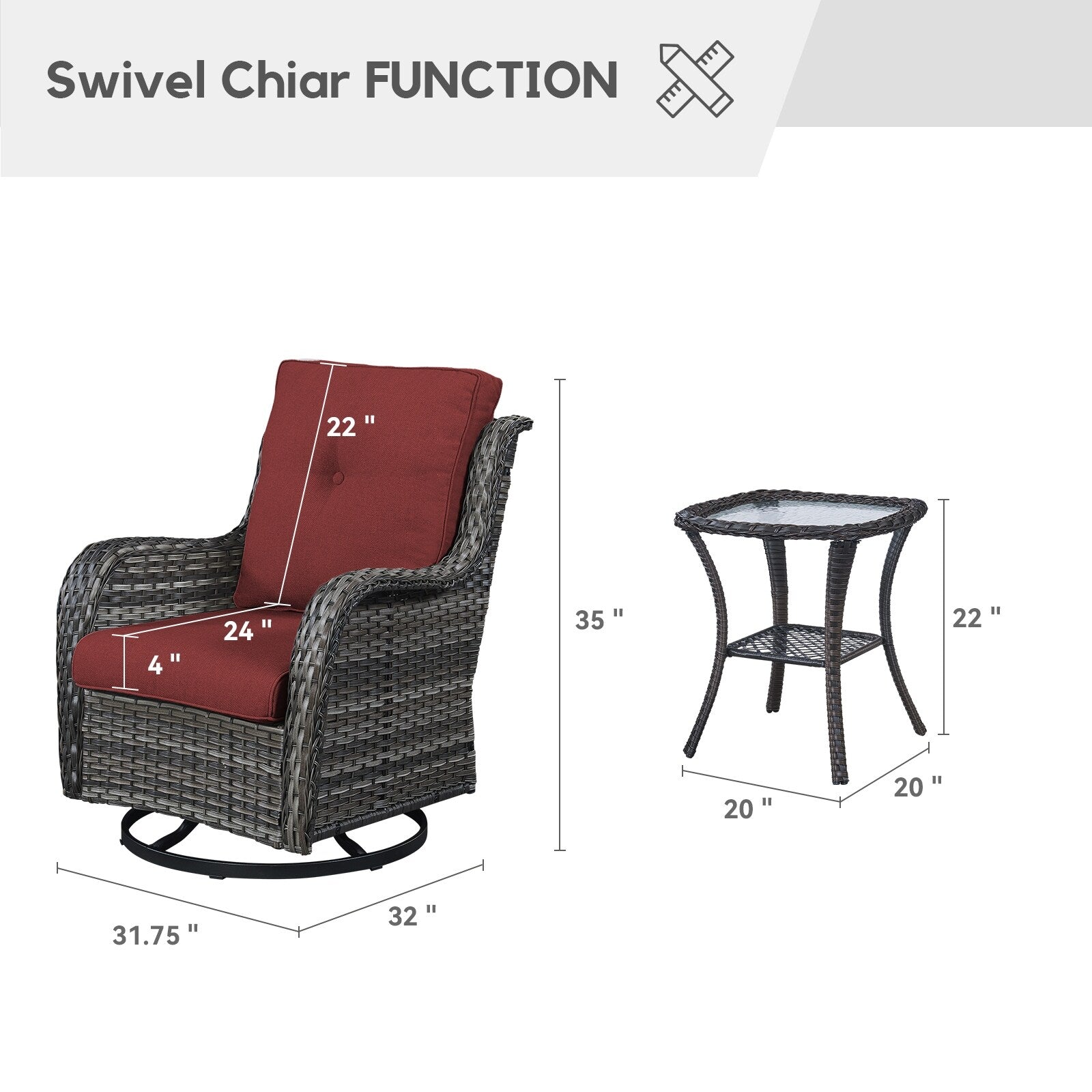 Fauteuil à bascule pivotant d'extérieur Gymojoy 3 pièces en osier avec coussin et table