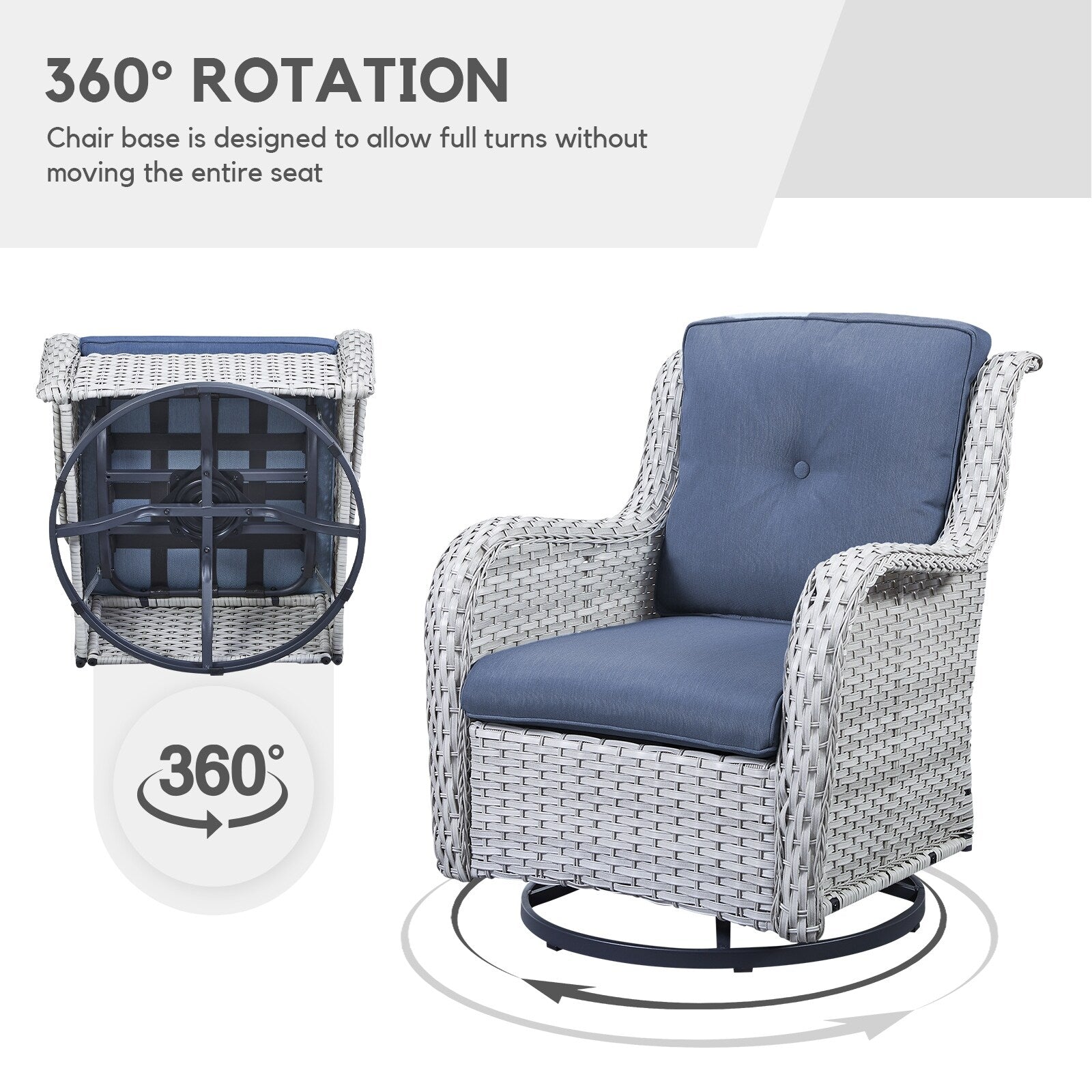 Fauteuil à bascule pivotant d'extérieur Gymojoy 3 pièces en osier avec coussin et table