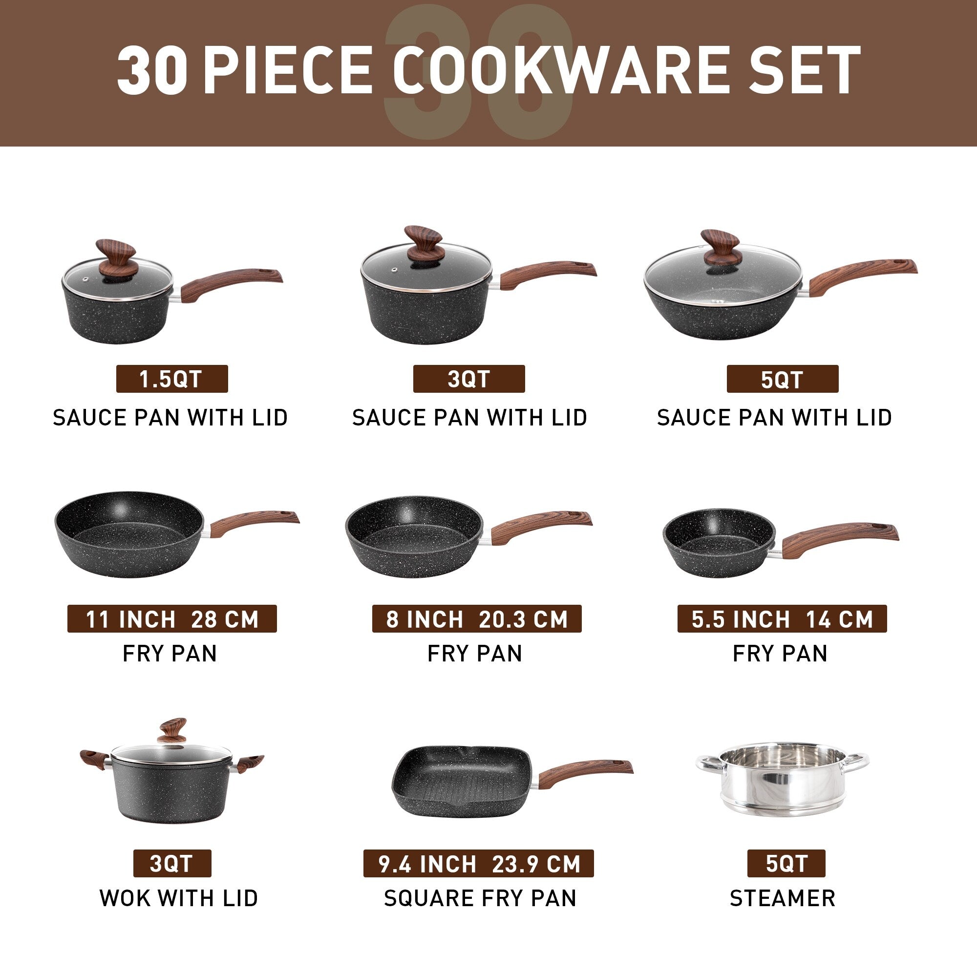 Batterie de cuisine et ustensiles de cuisson en granit de 30 pièces, ensemble de poêles de cuisson, ensemble de casseroles et poêles antiadhésives