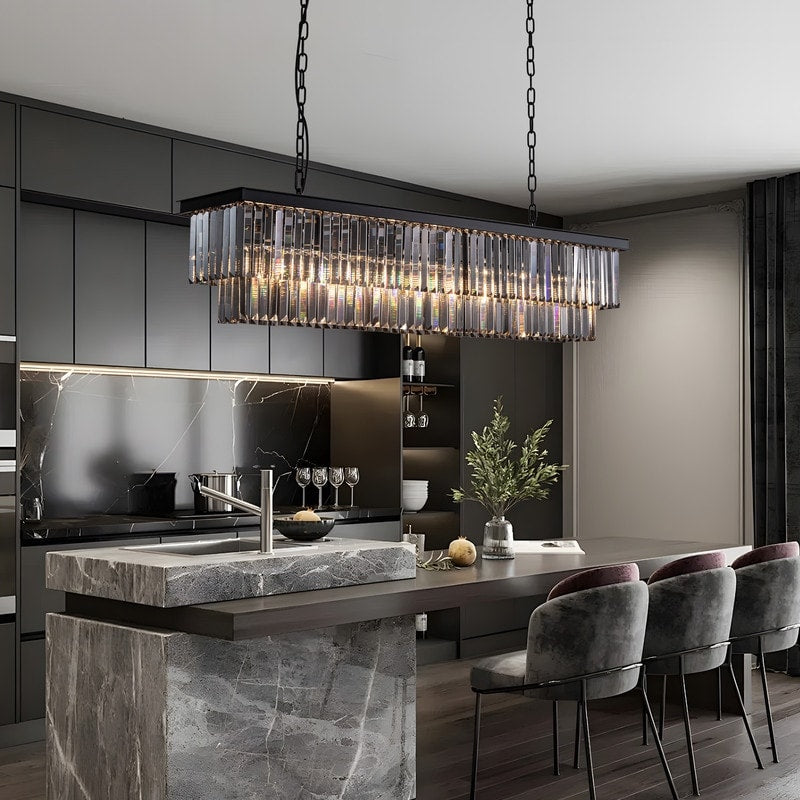 Lustre contemporain en cristal gris fumé et noir de 47 po, design linéaire à deux niveaux, luminaire suspendu pour îlot de cuisine et salle à manger.