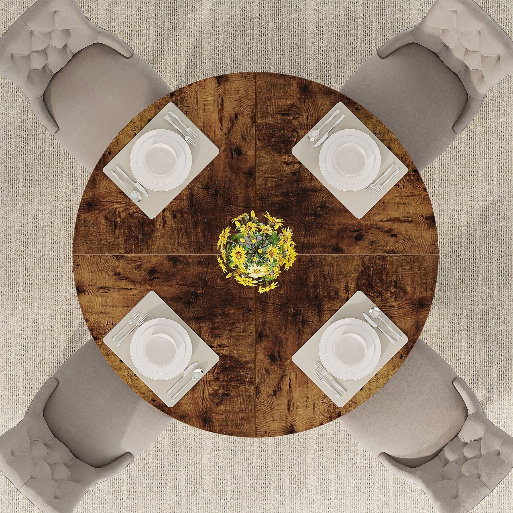 Table à manger ronde 47 pouces pour 4 personnes, table de cuisine de style campagnard, petite table à dîner en bois pour salle à manger et salon