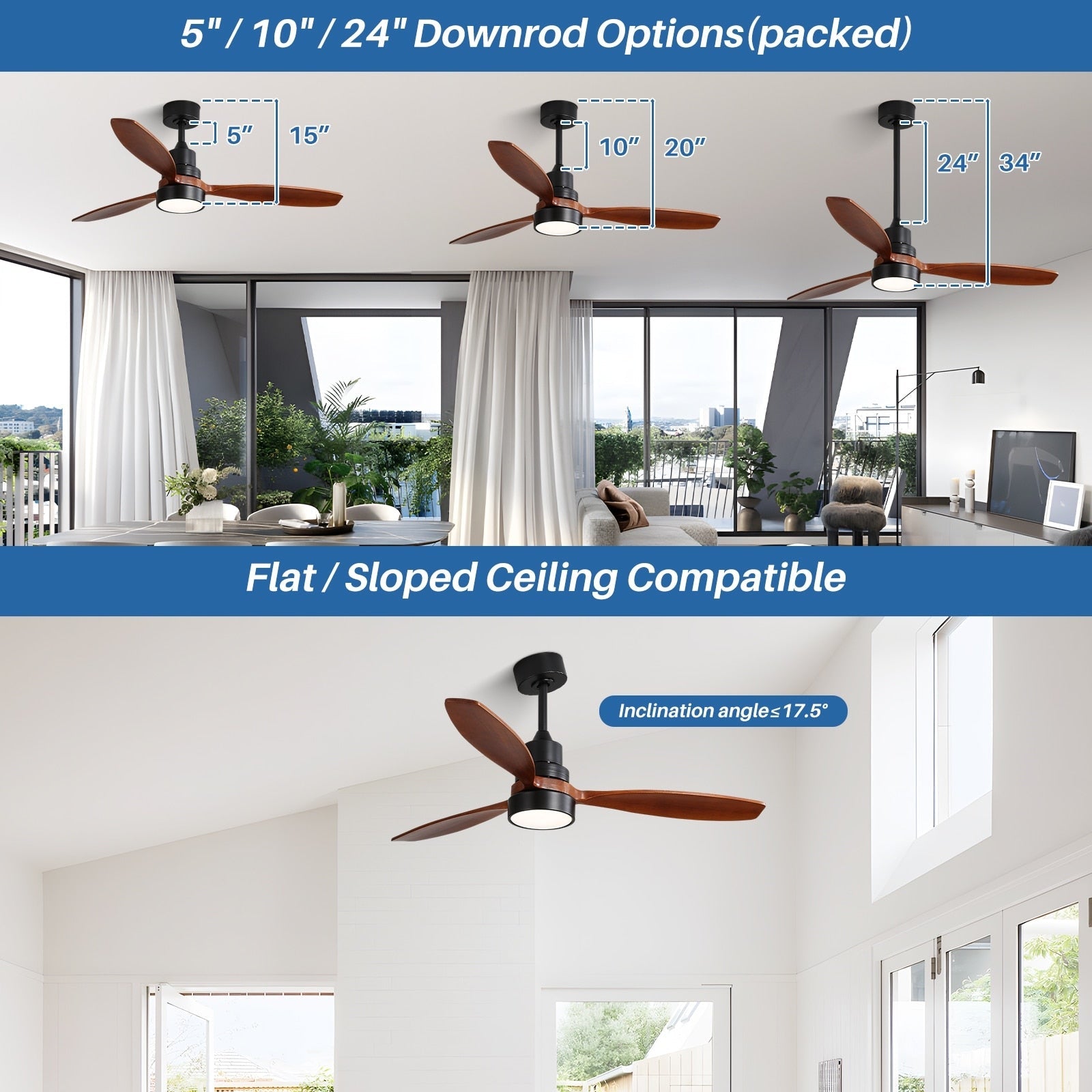 Ventilateur de plafond à LED intégré 48 et 52 pouces avec lumière et télécommande, moteur CC réversible
