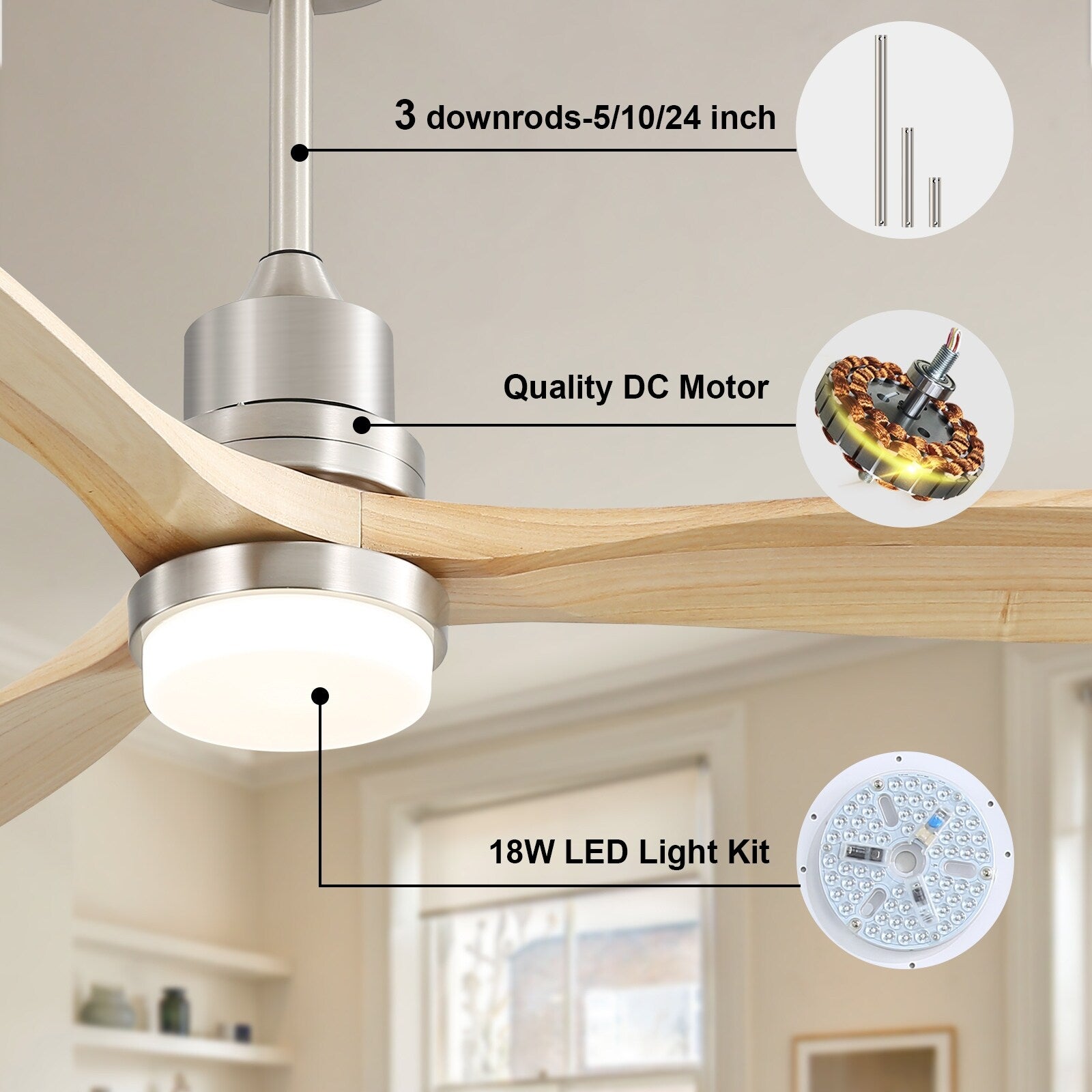 Ventilateur de plafond à LED intégré 48 et 52 pouces avec lumière et télécommande, moteur CC réversible