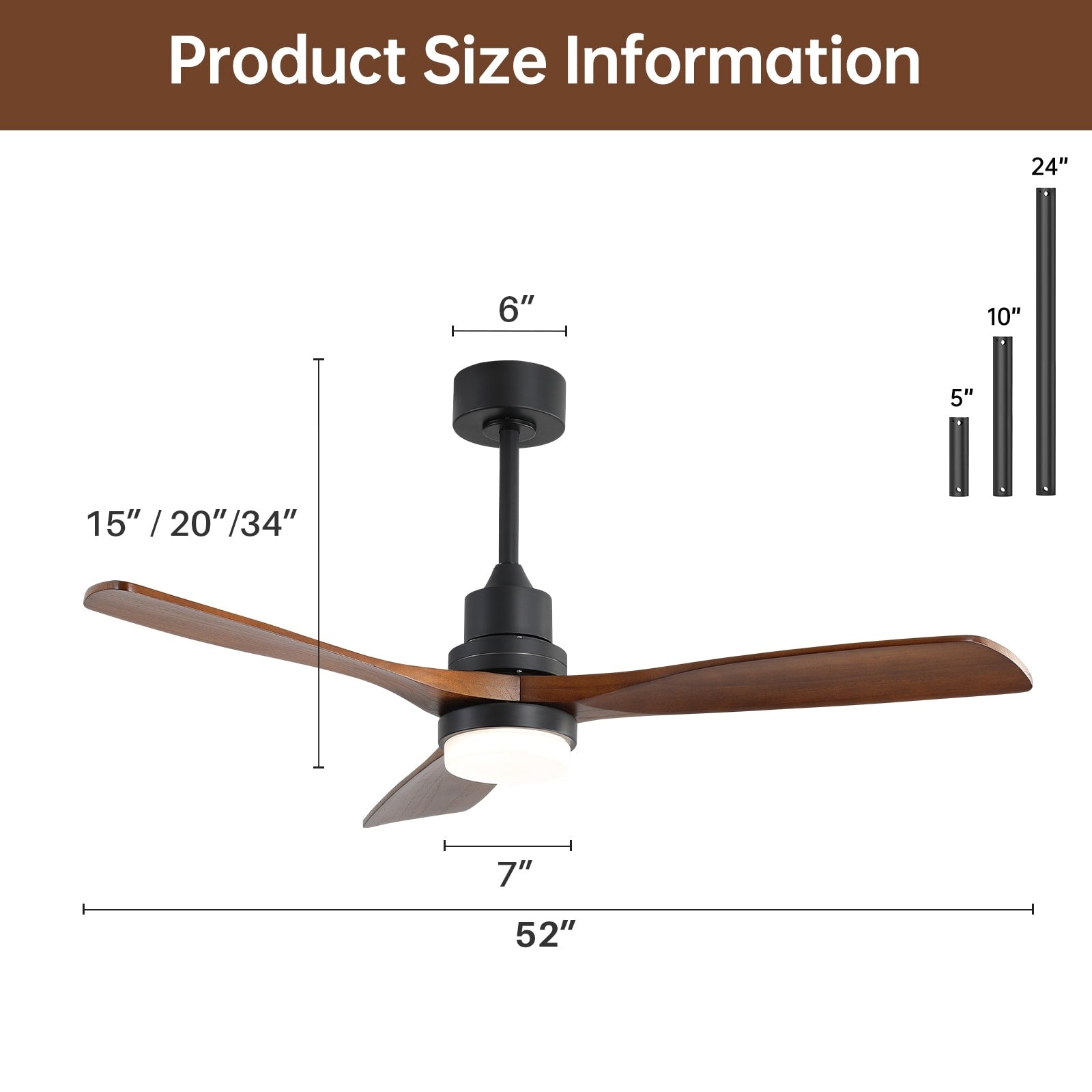 Ventilateur de plafond à LED intégré 48 et 52 pouces avec lumière et télécommande, moteur CC réversible