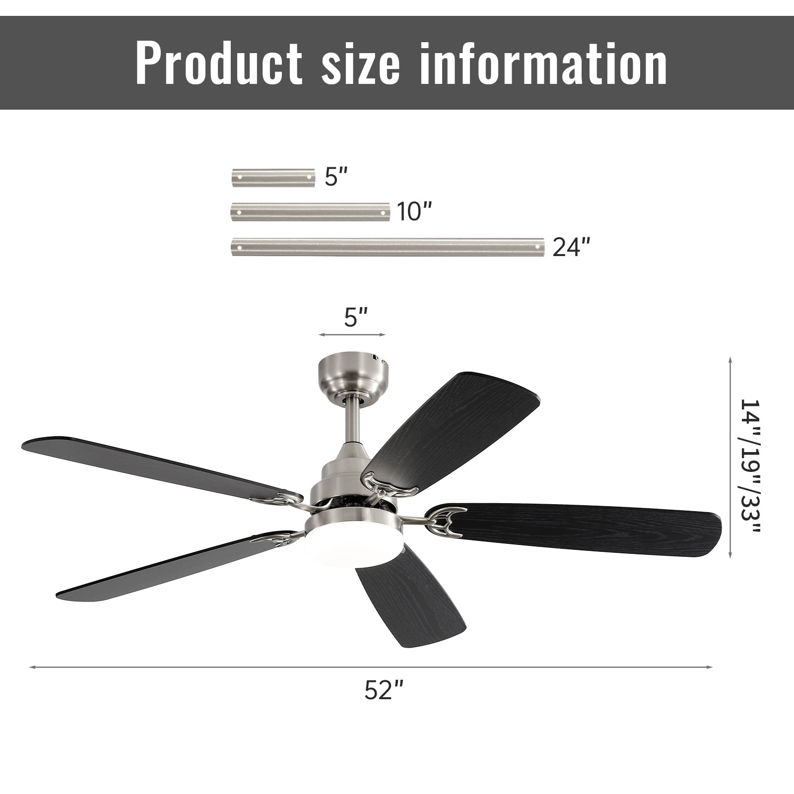 Ventilateur de plafond à LED intégré 48 et 52 pouces avec lumière et télécommande, moteur CC réversible