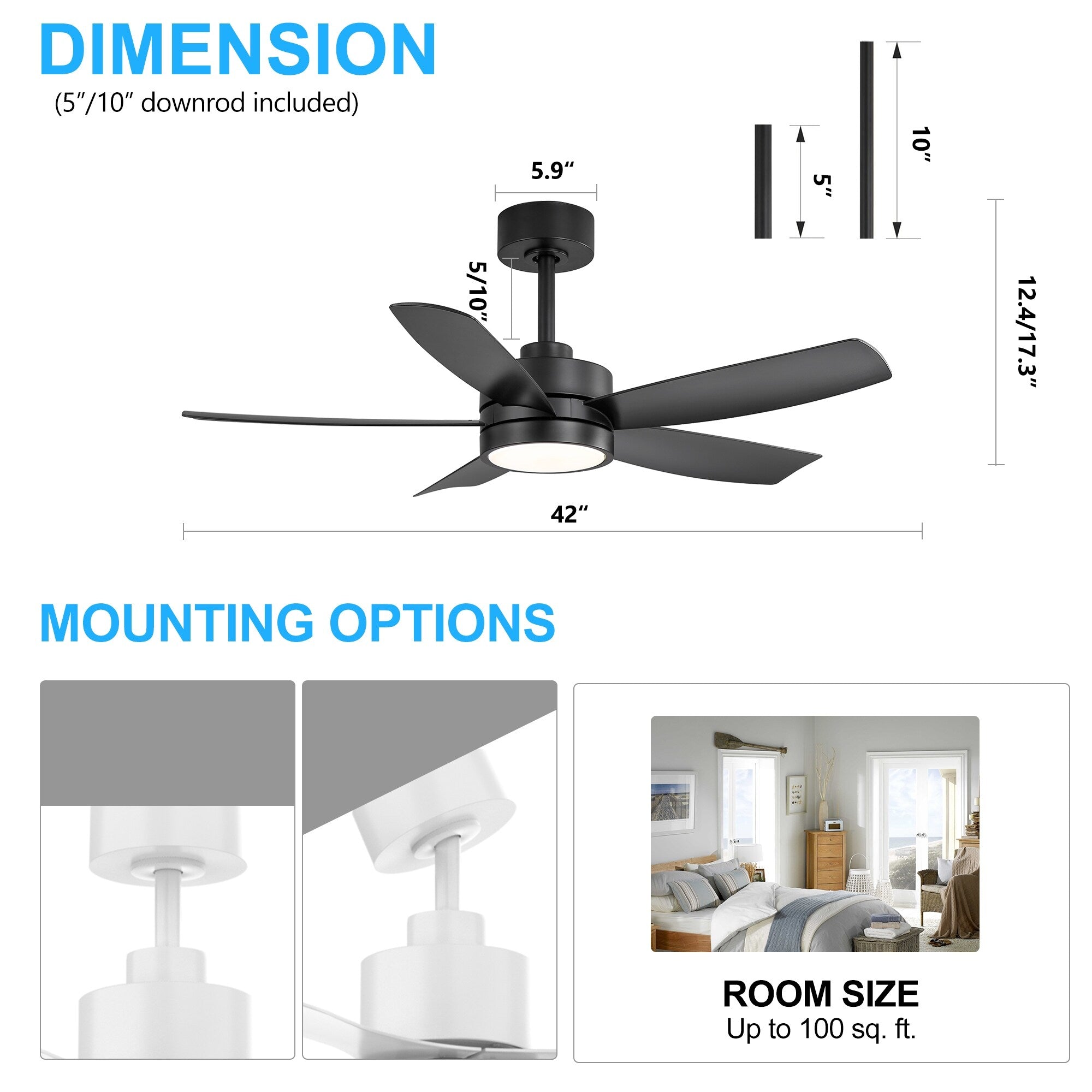 Ventilateur de plafond LED Breezary 65/52/42 à 5 pales avec kit d'éclairage et télécommande